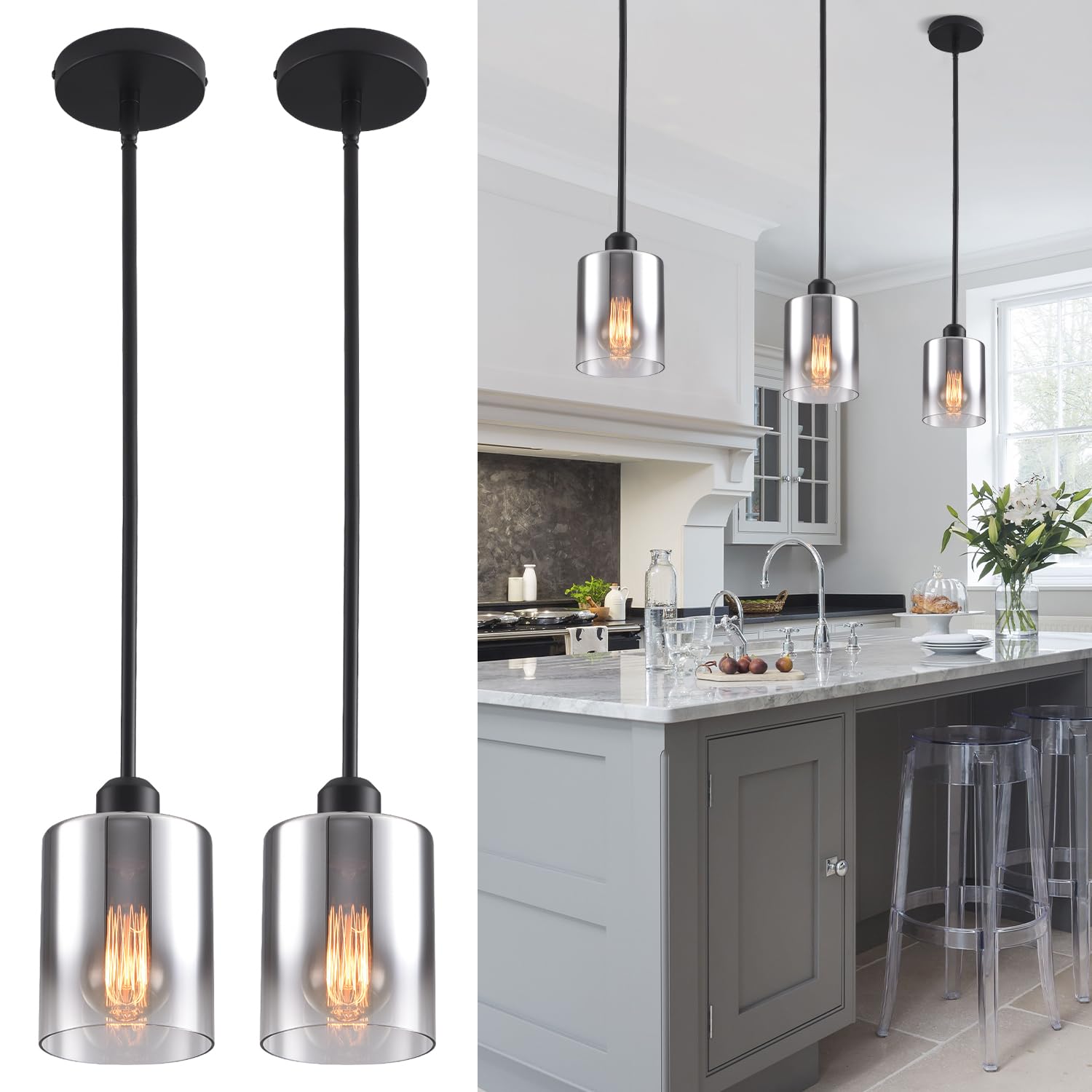 Ihengyanlt 2 Pack Pendant Light Kitchen Island Pendant Lighting  Hanging Light With Silver Gradient Glass Shade  Black Modern Indoor Hanging Lamp
