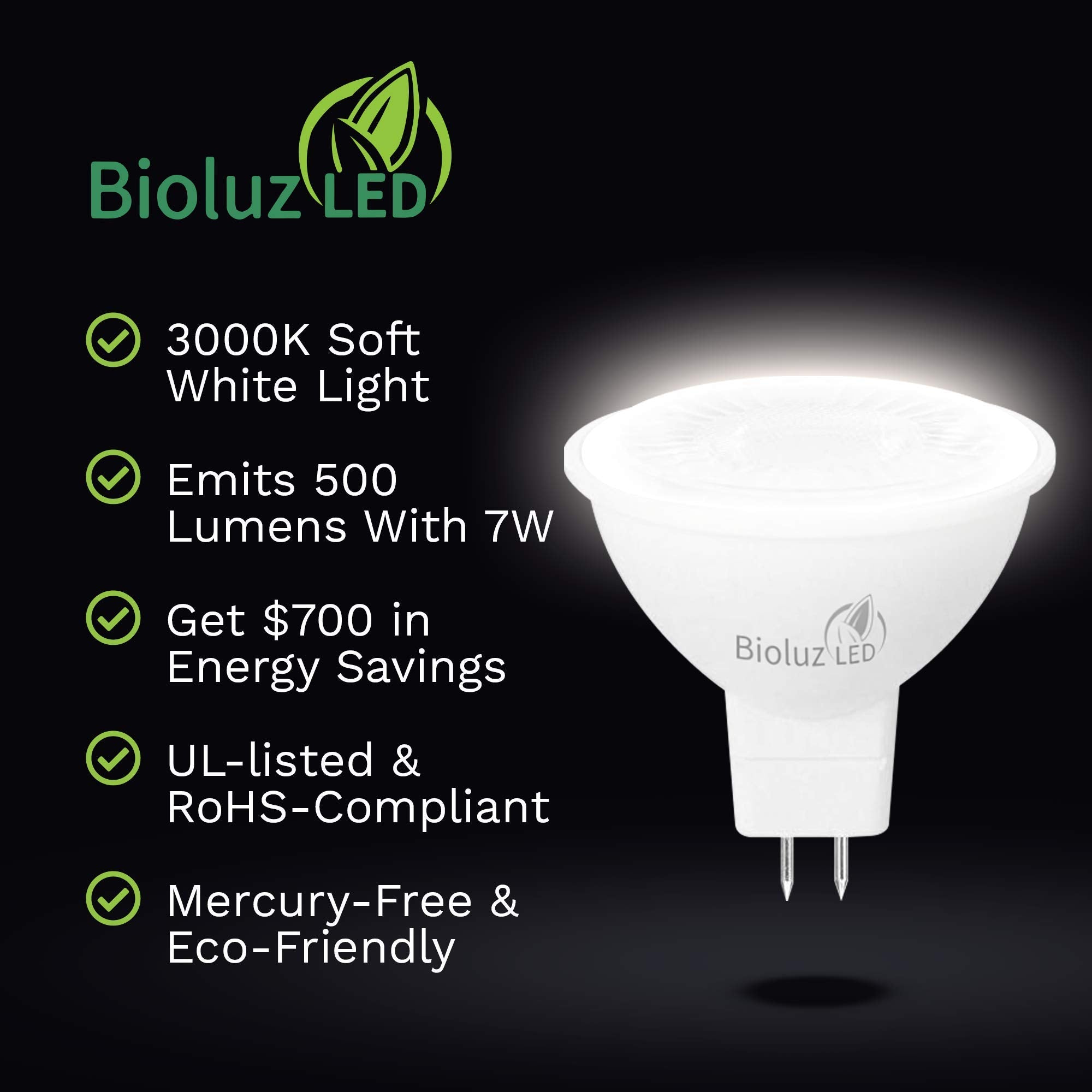 Bioluz LED MR16 7W 3000K Halogen Replacement Bulb, Non-Dimmable, 6 Count, UL Listed