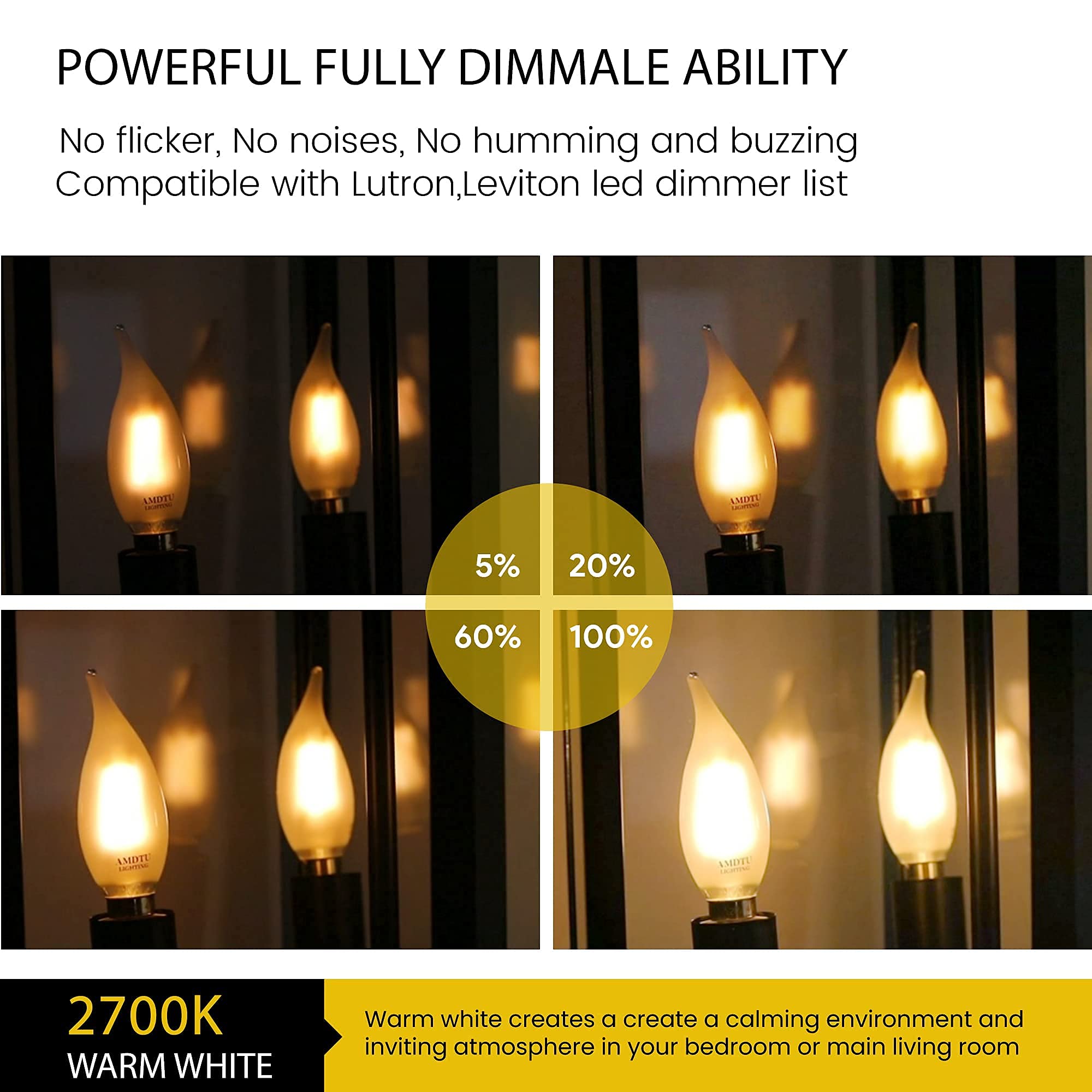 Amdtu 60W Candelabra Light Bulbs Led, Frosted Chandelier Bulb 60 Watt, E12 Led Bulb Dimmable Soft White 2700K, Flame Bent Tip Ca