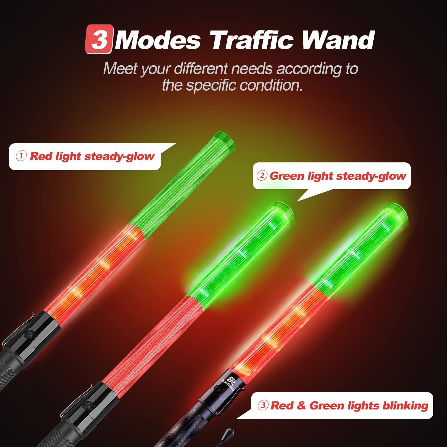 Roadhero 2 Pack 21Inch Traffic Wands, Red & Green Led Traffic Control Baton, Safety Light Wand With 3 Flashing Modes, Air Marshaling Signal Wand With Side Clip For Airport, Parking, Car Directing