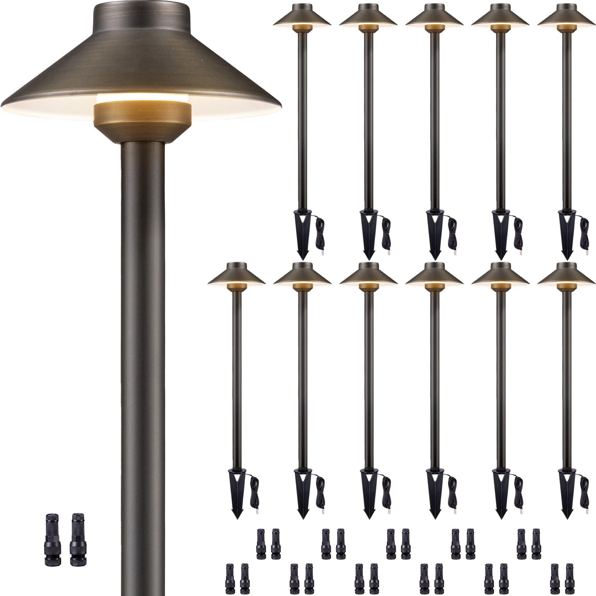 Gardenreet Solid Cast Brass Pathway Light - 12V Landscape Pathlights Outdoor Waterproof, Electric Path Lights Wired, Hat Shape Antique Bronze For Garden Decorations G4 Bulb Not Included (12 Pack)