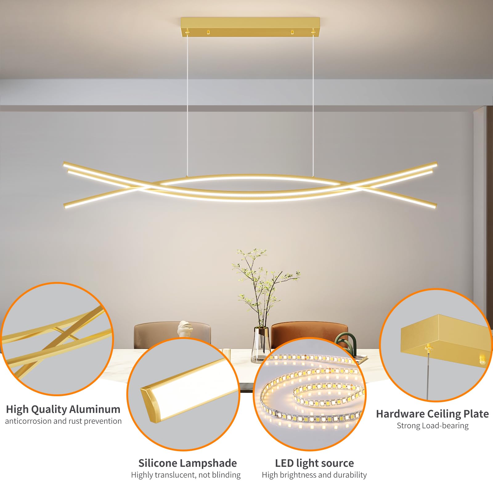 Mikeru Modern Ceiling Chandelier Light, 47in Gold Aluminum Pendant with Remote, Adjustable Color Temperature, Model NXF-YG