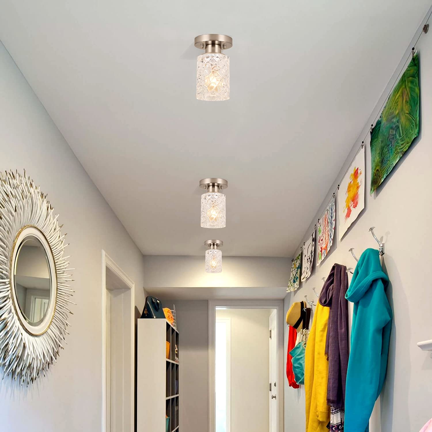 Alice House 2 Pack Semi Flush Mount Ceiling Light, Clear Geometric Glass Shade, Brushed Nickel Farmhouse Light Fixture For Hallw