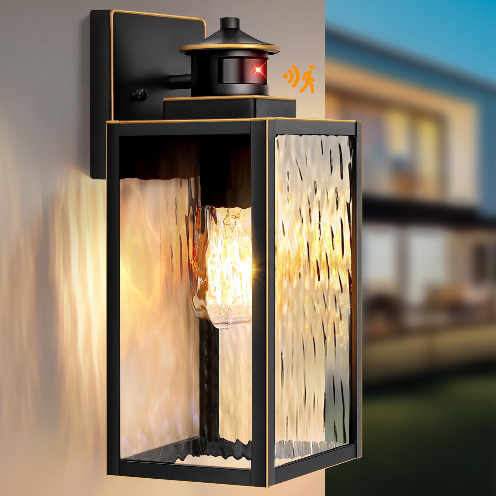 13.6'' Motion Sensor Outdoor Wall Sconce Lantern, Exterior Waterproof Wall Lights Fixture with Water-Rippled Glass, Bronze Outsi