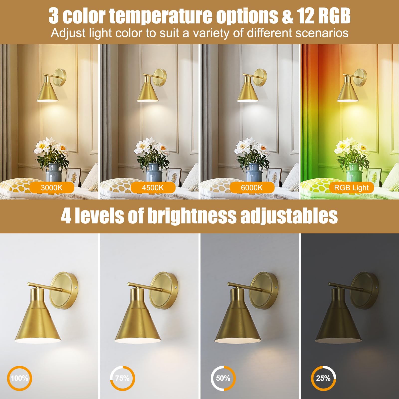 Bailoch Rechargeable Wall Sconce Set of 2, Wireless Dimmable, Gold, Model BLWS004B2, Battery Operated, LED Bulb Included