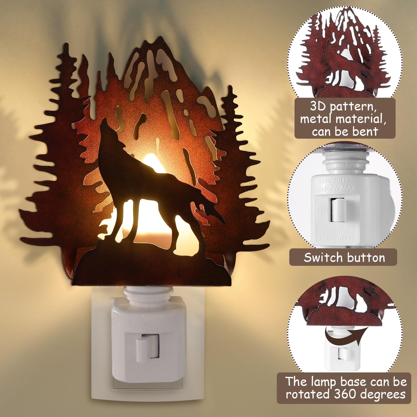 Tuanse Wolf Plug In Night Light Farmhouse Metal Led Night Light Decorative Vintage Novelty Lamp Decor For Holiday Bedroom Living