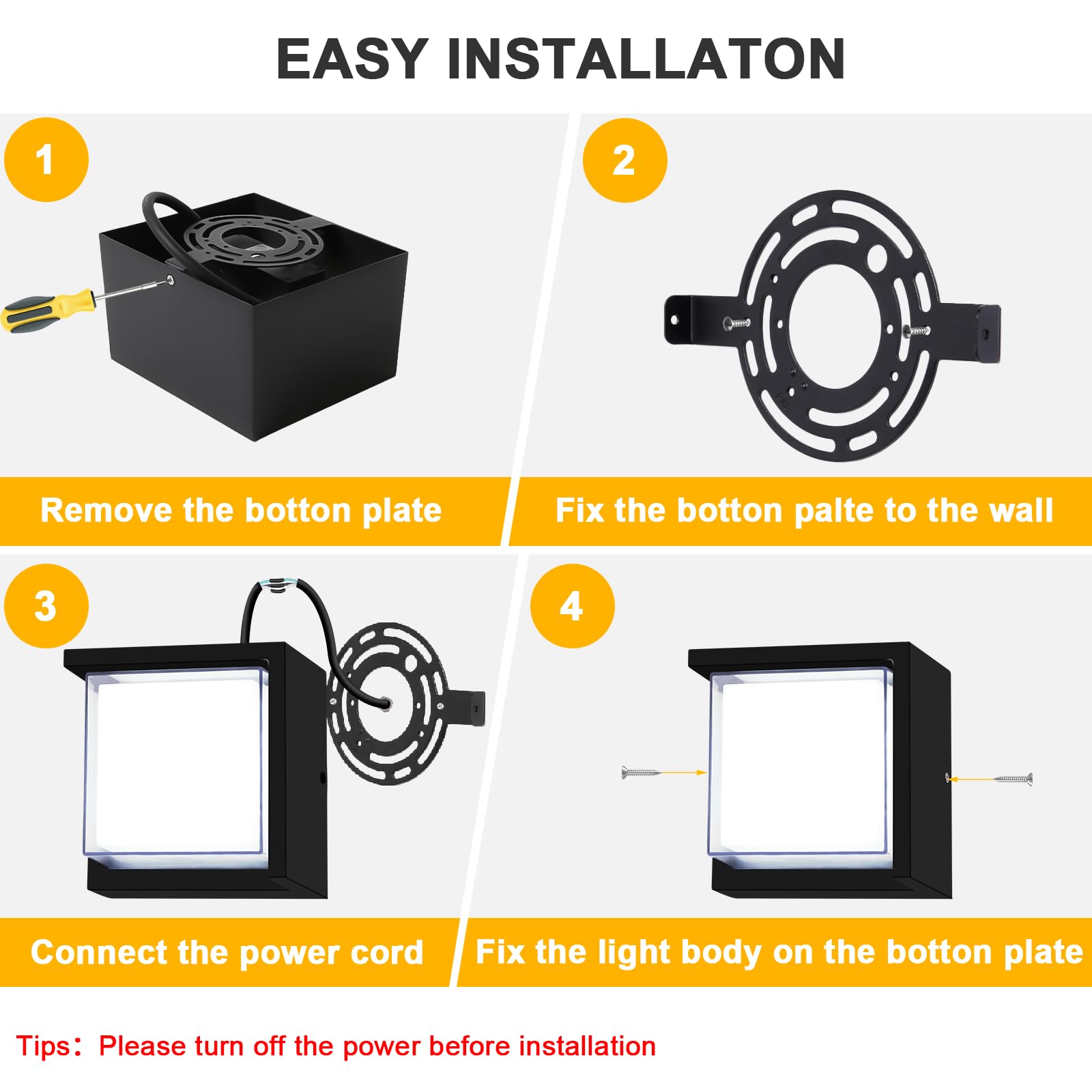 Tomourd Outdoor Wall Light  6000K Daylight Small Anti Rust Exterior Wall Lighting Fixtures  Black Square Wall Mount 12W Led Porch Lights For House With Waterproof For Front Porch  Garage  Patio