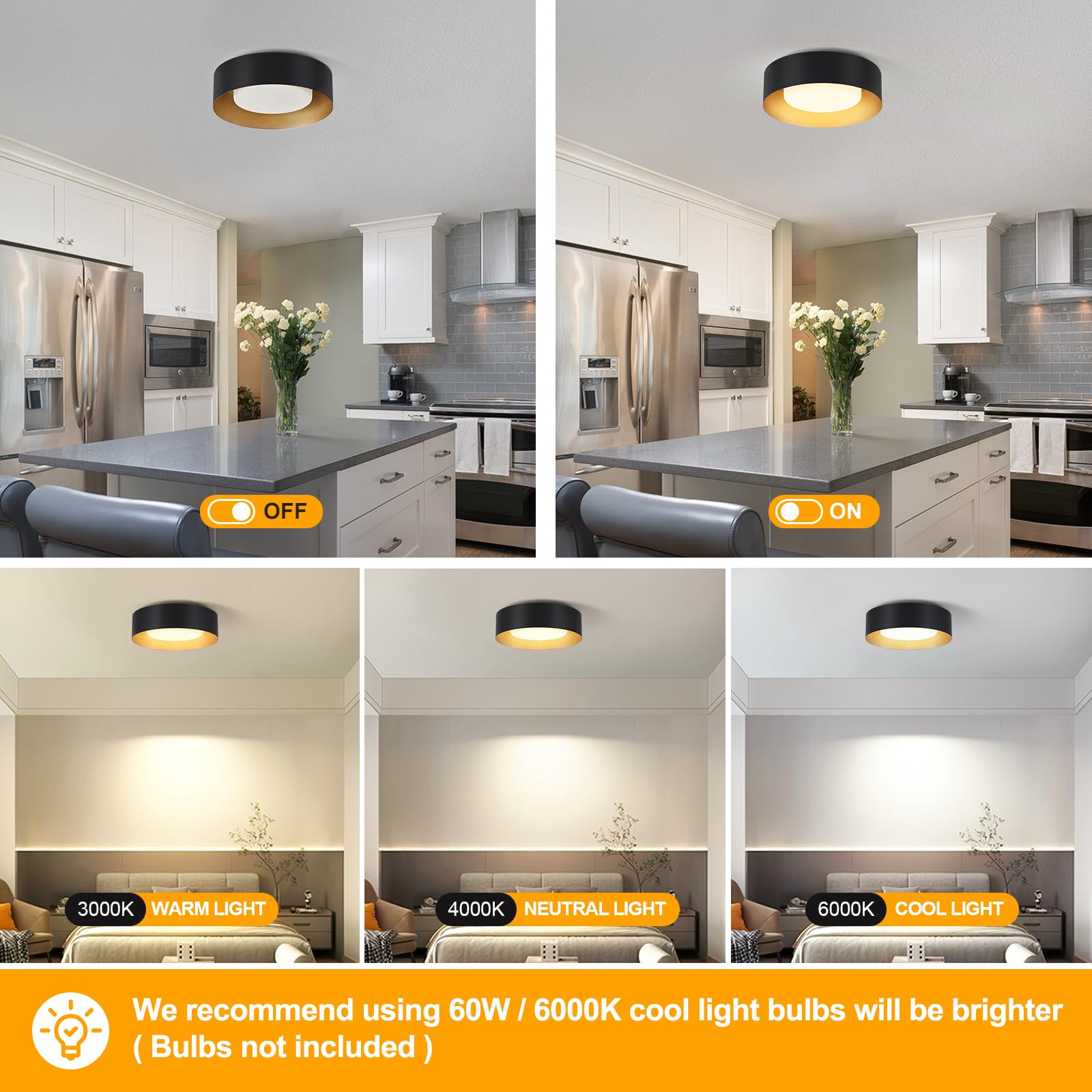 Goomavi Modern Flush Mount Ceiling Lights,Minimalist 12.5In Round Close To Ceiling Light Fixture,Black And Gold Metal Ceiling Li