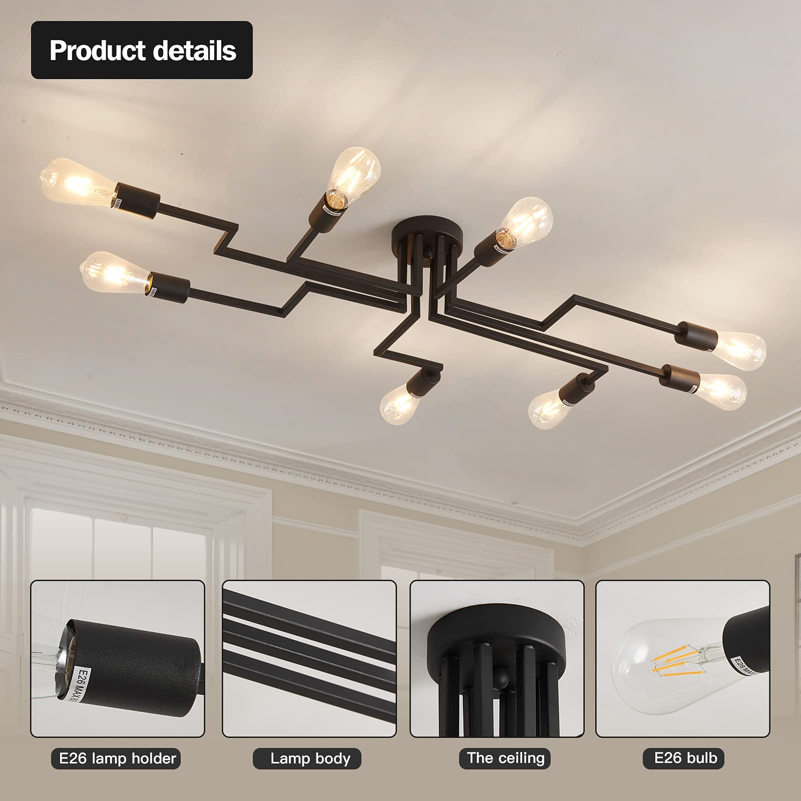 Zglaojtblack 8-Light Ceiling Light, Modern Semi Flush Mount Ceiling Light Fixture,Metal Chandelier For Farmhouse Dining Room Liv