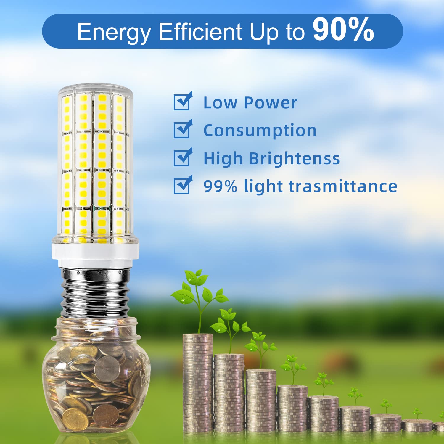 RIUVAO LED Corn Light Bulb 20W E26/E27 Base, 2500 Lumen, 5000K Cool Daylight, Pack of 4, White Light