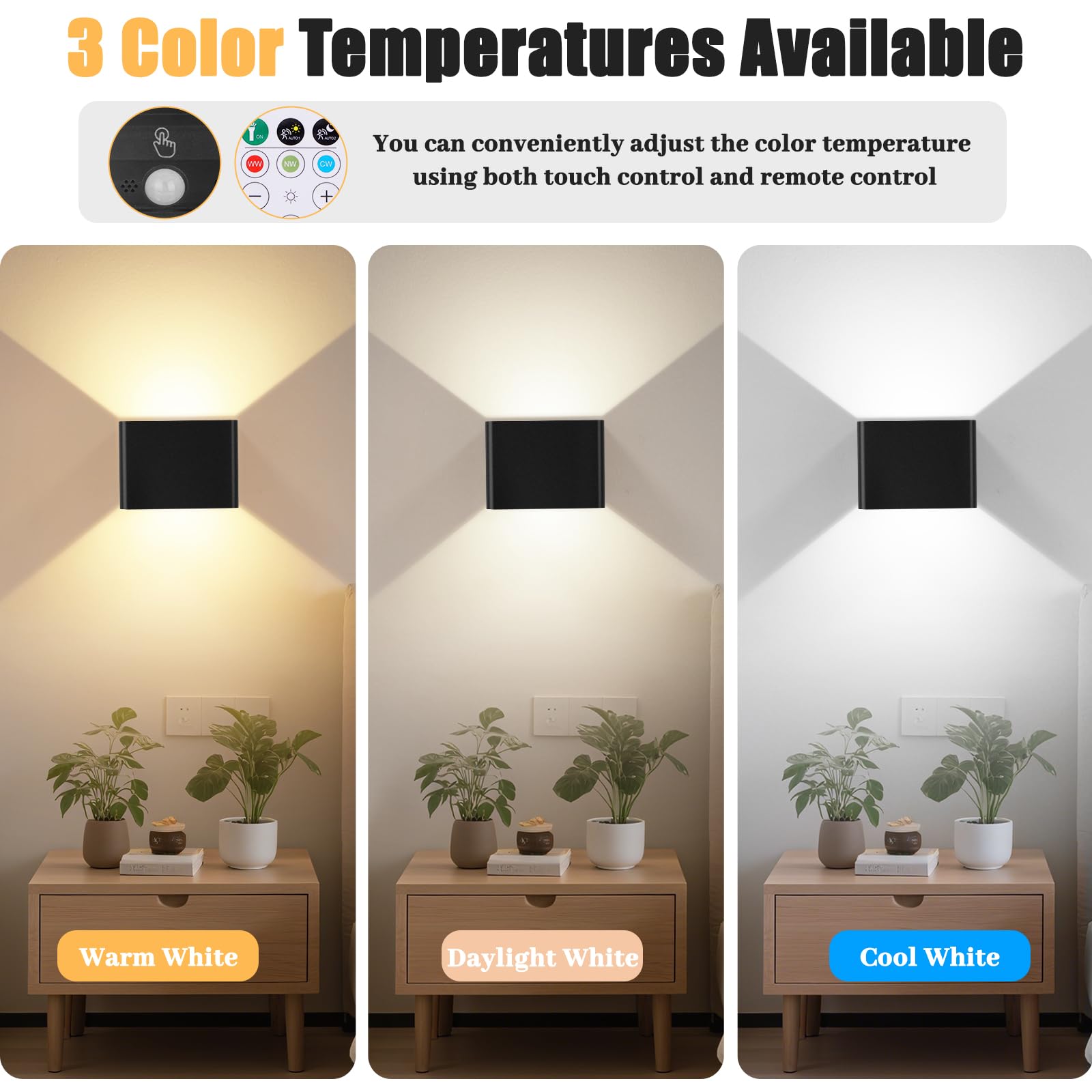 Yochoice Motion Sensor Wall Sconces, 6000mAh Rechargeable, 3 Color Temperatures, Black, Model A5, 2-Pack