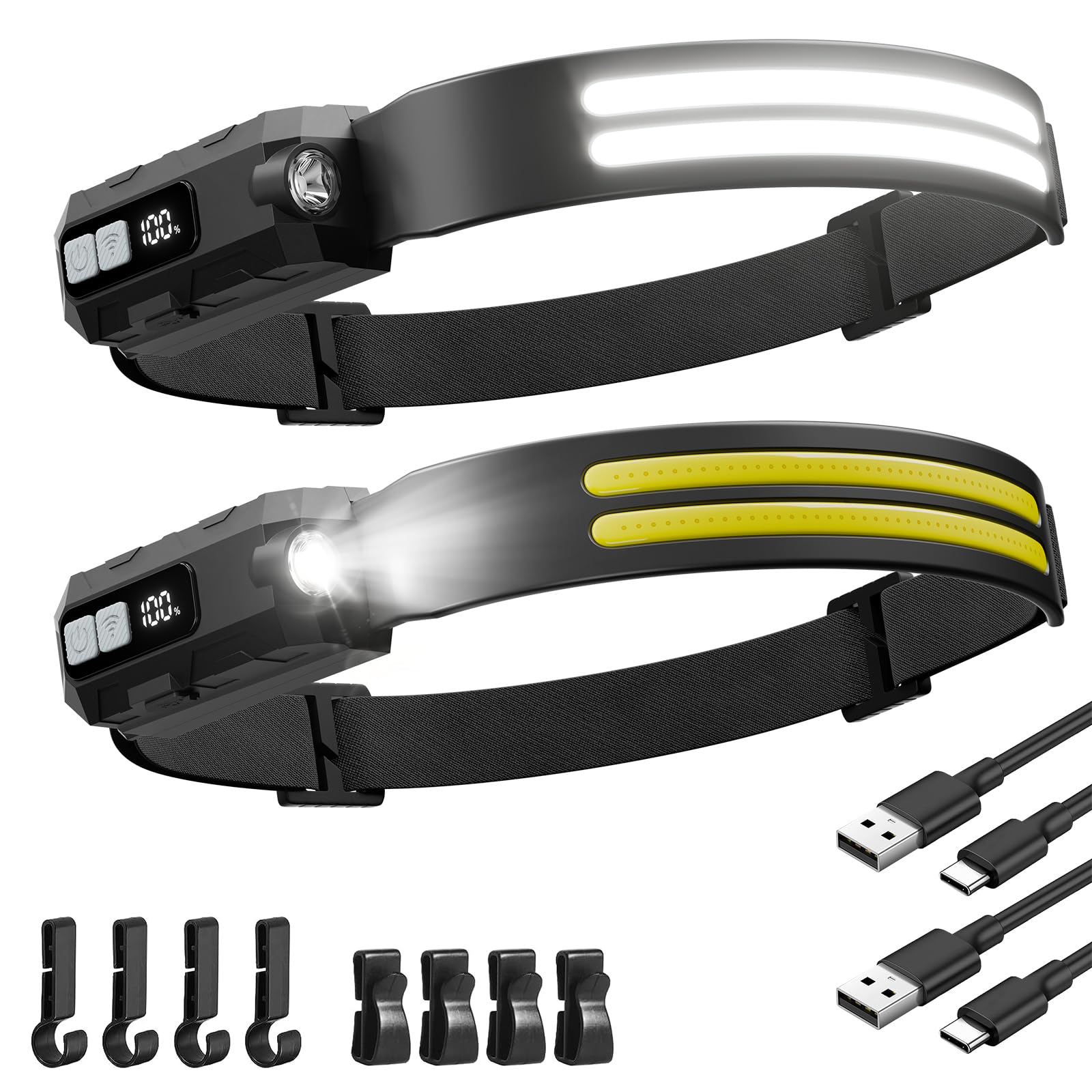 Sogdeco LED Headlamp Rechargeable with Red Light 2 Pack, 230 Wide Beam Head Lights for Forehead, 7Mode Head Lamp, LCD Digital Di