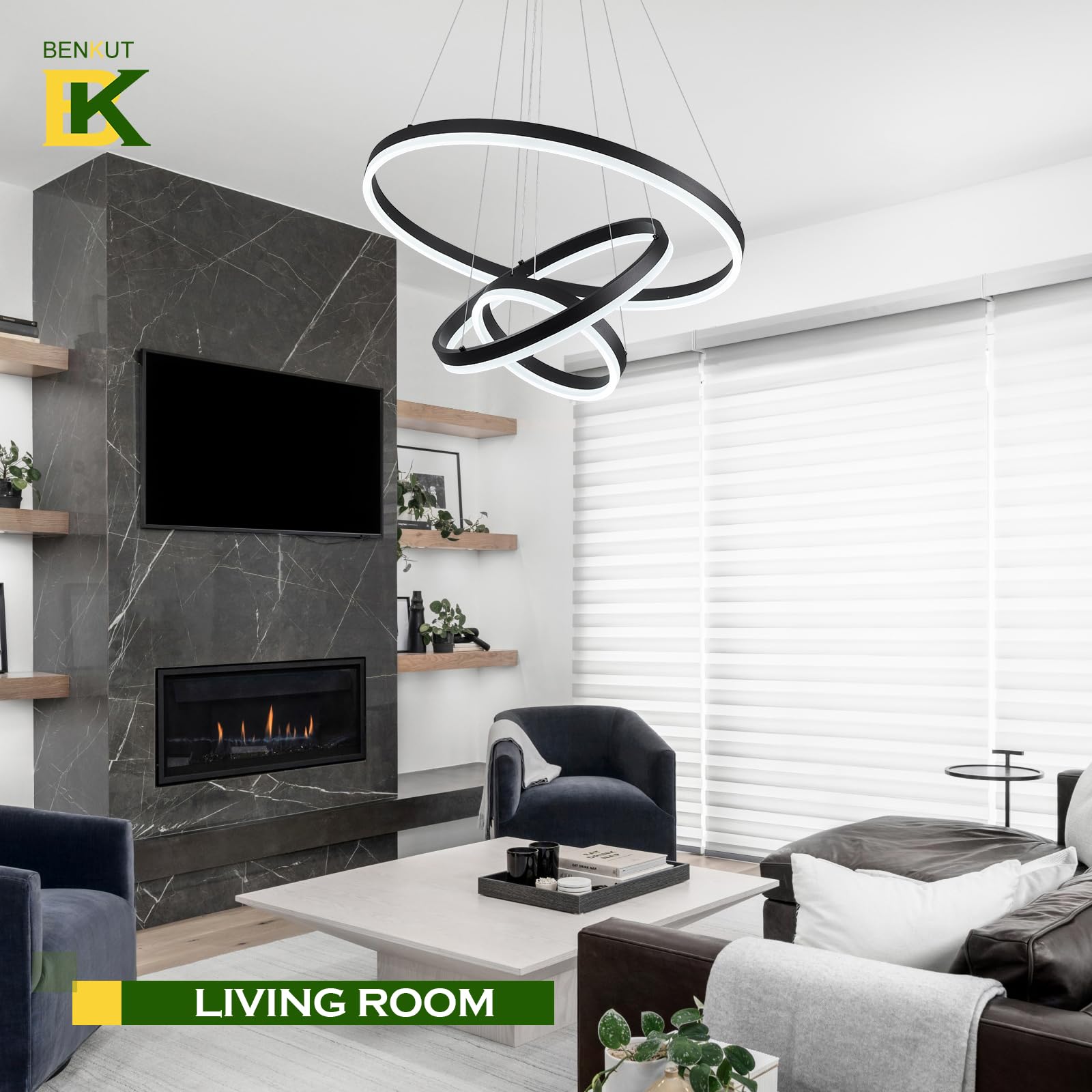 Benkut 3-Rings D23.6 Modern Led Chandelier Black Dimmable Pendant Lighting With Remote Control Circular Flush Mount High Ceiling Light For Dining Room Living Room Bedroom Entrance Foyer, 3000K-6500K