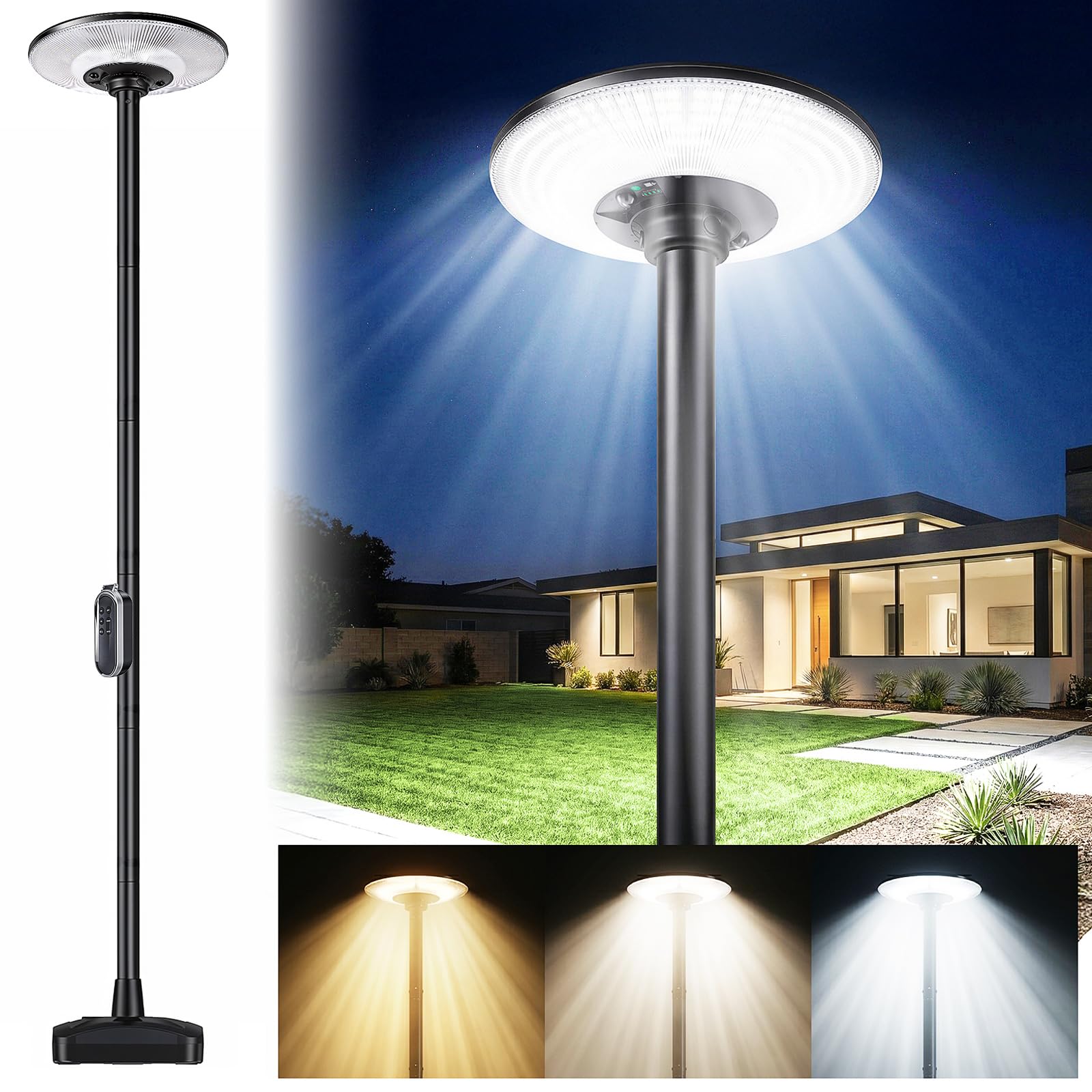 Etetale 102-Inch Outdoor Solar Lamp Post with Motion Sensor Security, Remote Control Dusk-to-Dawn LED Street Light, IP65 Waterpr