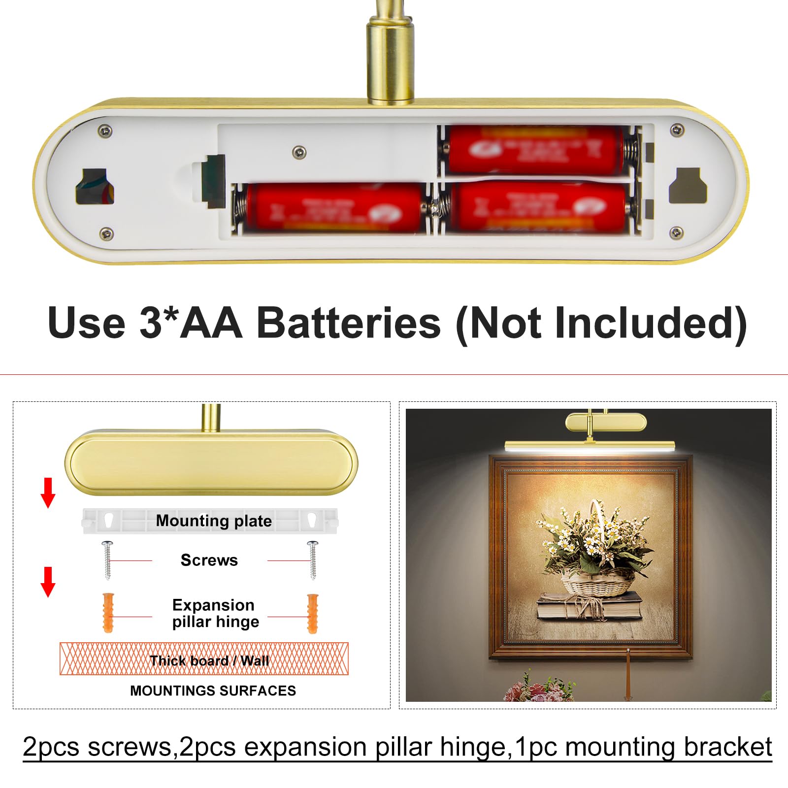 RAIFOOLLY Picture Light, Wireless Art Lighting, Remote Control, 12 inch, Brass, Model RF00300