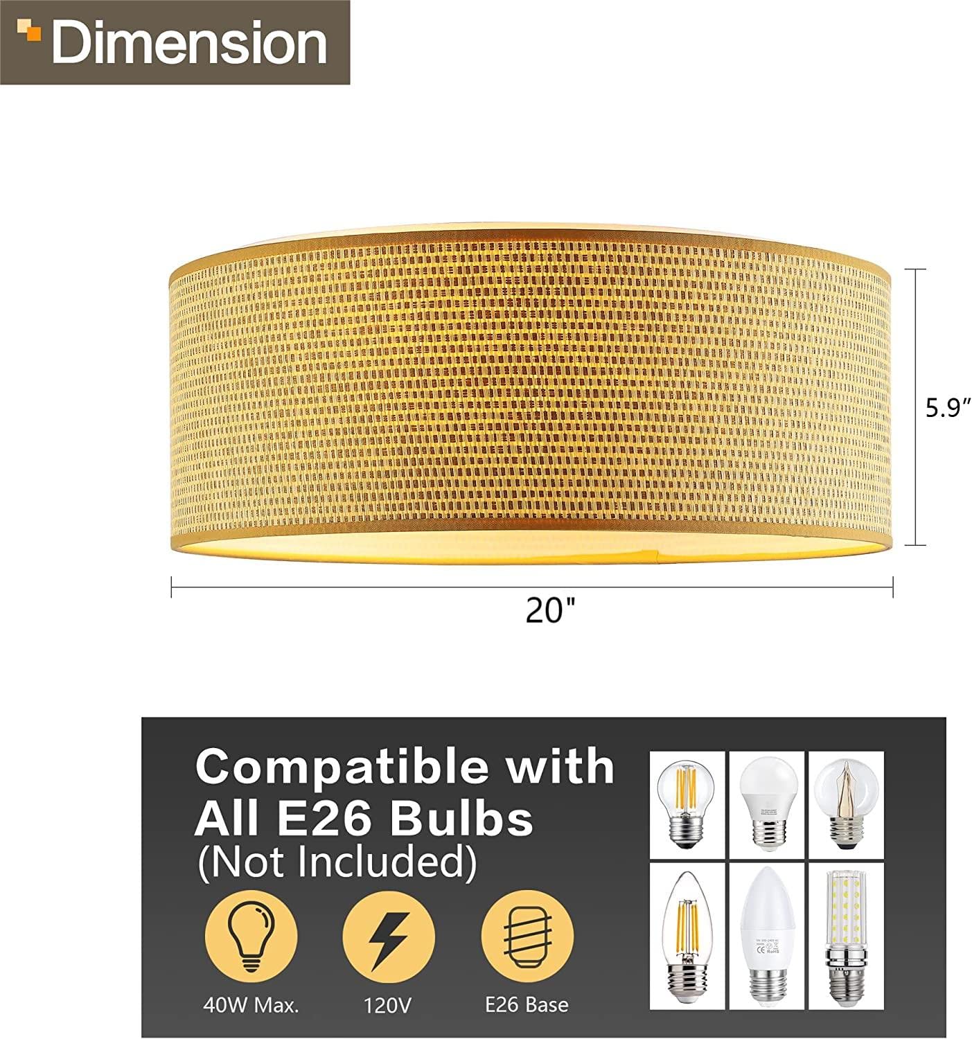 WINGBO 20in Modern 5-Light Flush Mount Ceiling Light Fixture, Fabric & Acrylic Double Drum Shade, Flaxen, Model WBFM-ZP30-YW-FBA