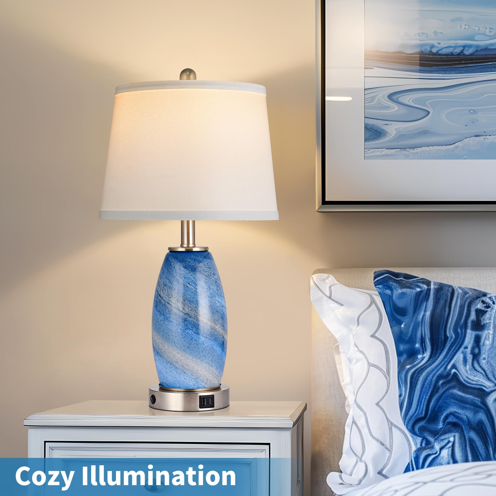 Blue Lamp For Bedroom & Bedside With 3-Way Lighting Modes & Usb C+A - Modern Style Glass Nightstand Table Lamp For Living Room & Bedroom Decoration (23.5 H)