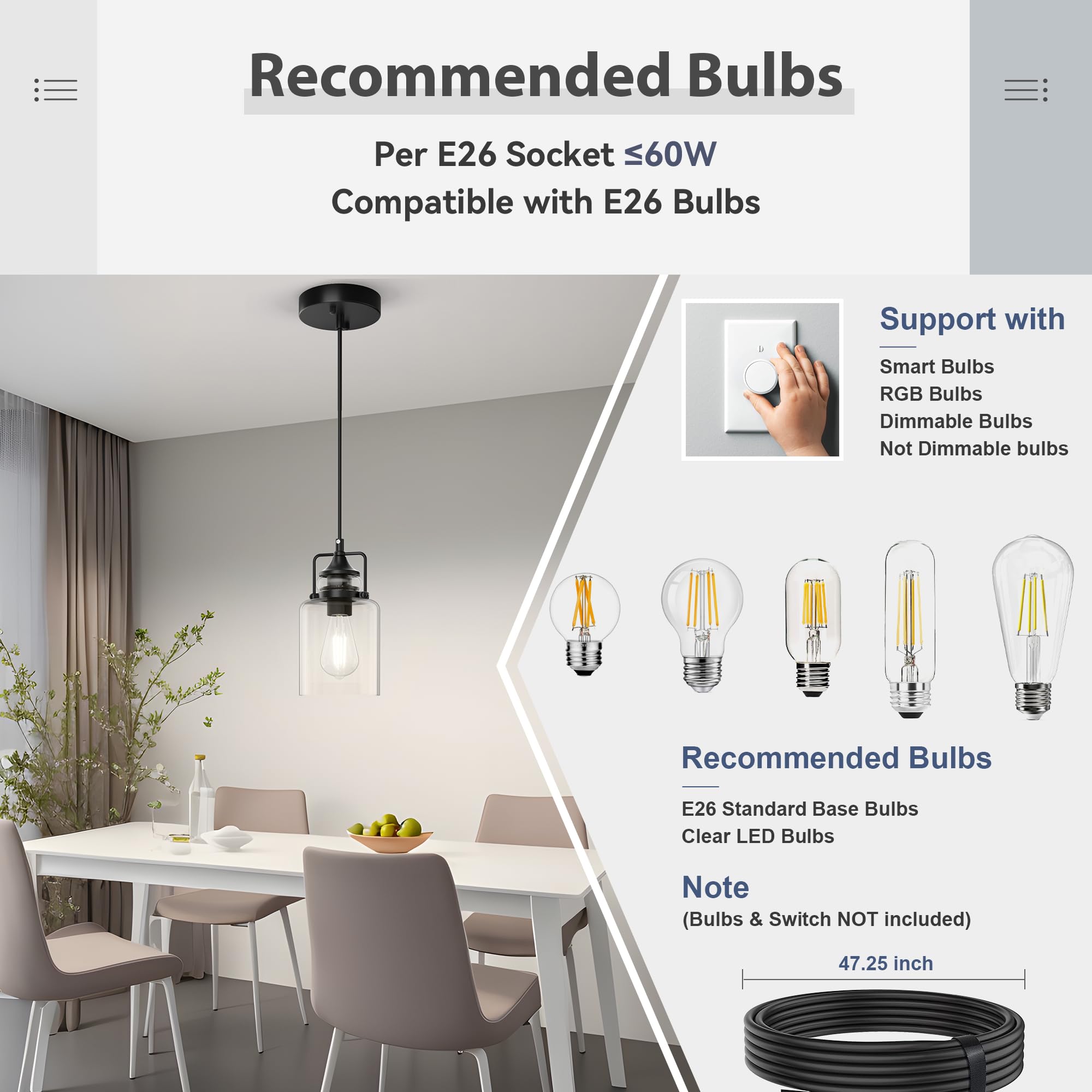 Hansang 3 Pack Pendant Lights For Kitchen Island, Modern Black Hanging Light Fixture, 47Inches Island Lights, Adjustable Rope, F