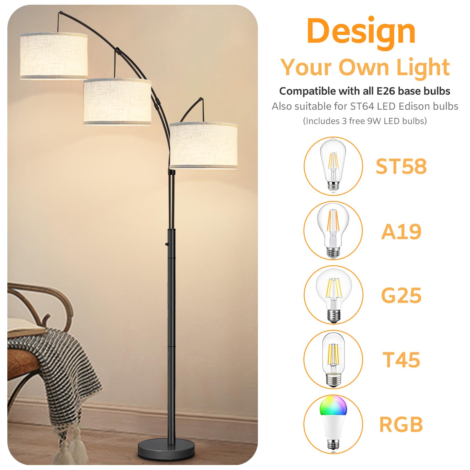 Arc Floor Lamps for Living Room,Modern Mid Century Tall Standing Floor Lamp with Heavy Base for Bedroom Office,3-Light Floor Lam