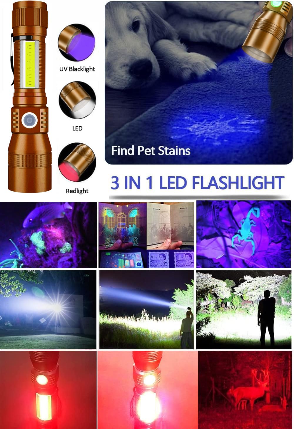Black Light Uv Flashlight Rechargeable  3In1 Super Bright Tactical Flashlights Led Uv Black Light &Redlight  1500Lumen 7Modes  Zoomable  Waterproof Pocket Flashlight For Pet Stains Detection Camping