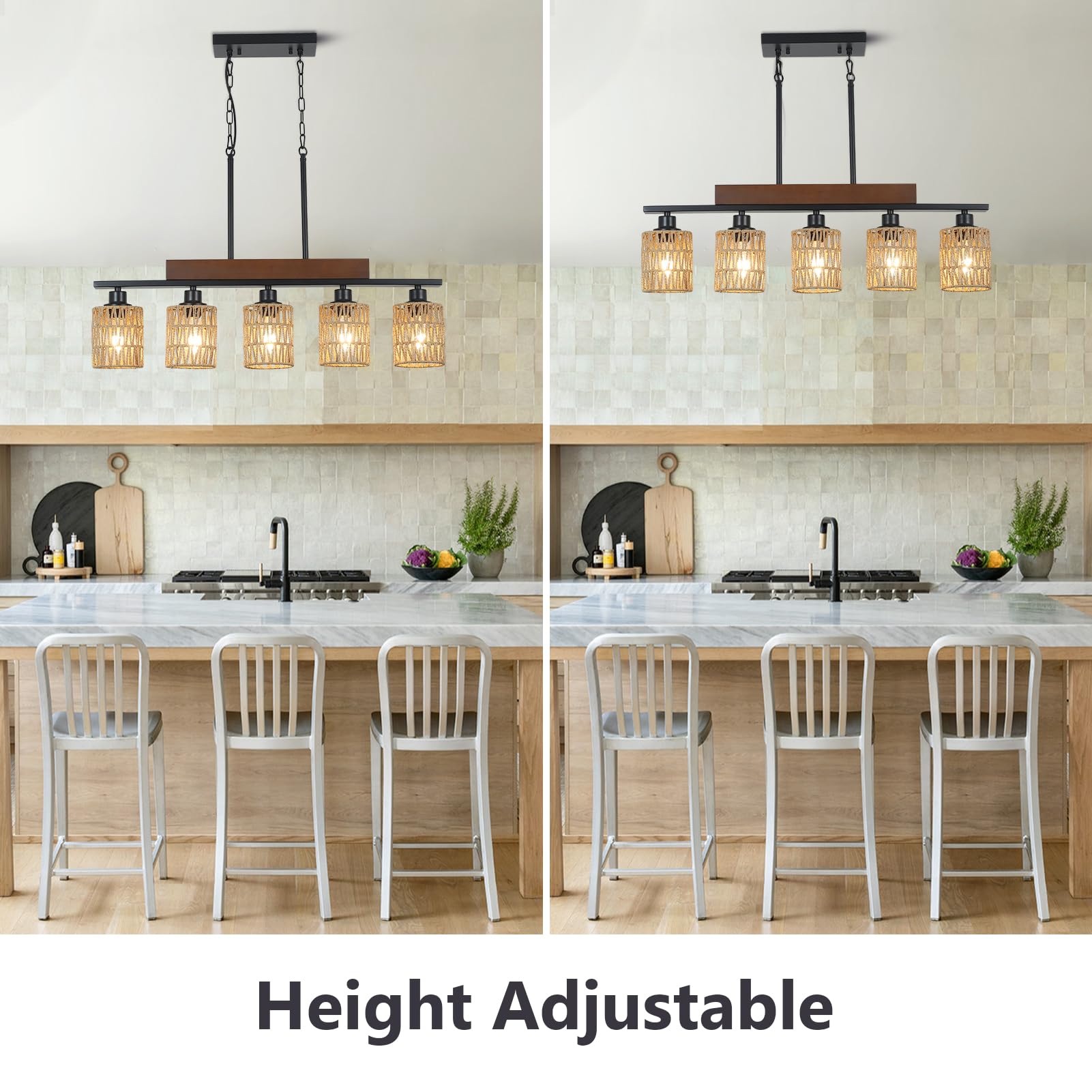 Bribyit Rattan Farmhouse 5-Light Linear Chandelier, Rustic Black Pendant Lighting for Dining Room and Kitchen