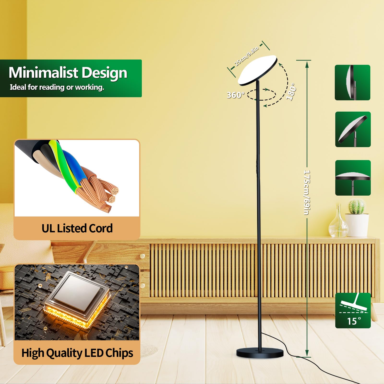 Yikuneng Led Floor Lamp 36W 3600Lm, Remote & Touch Control, Dimmable 2700K-650