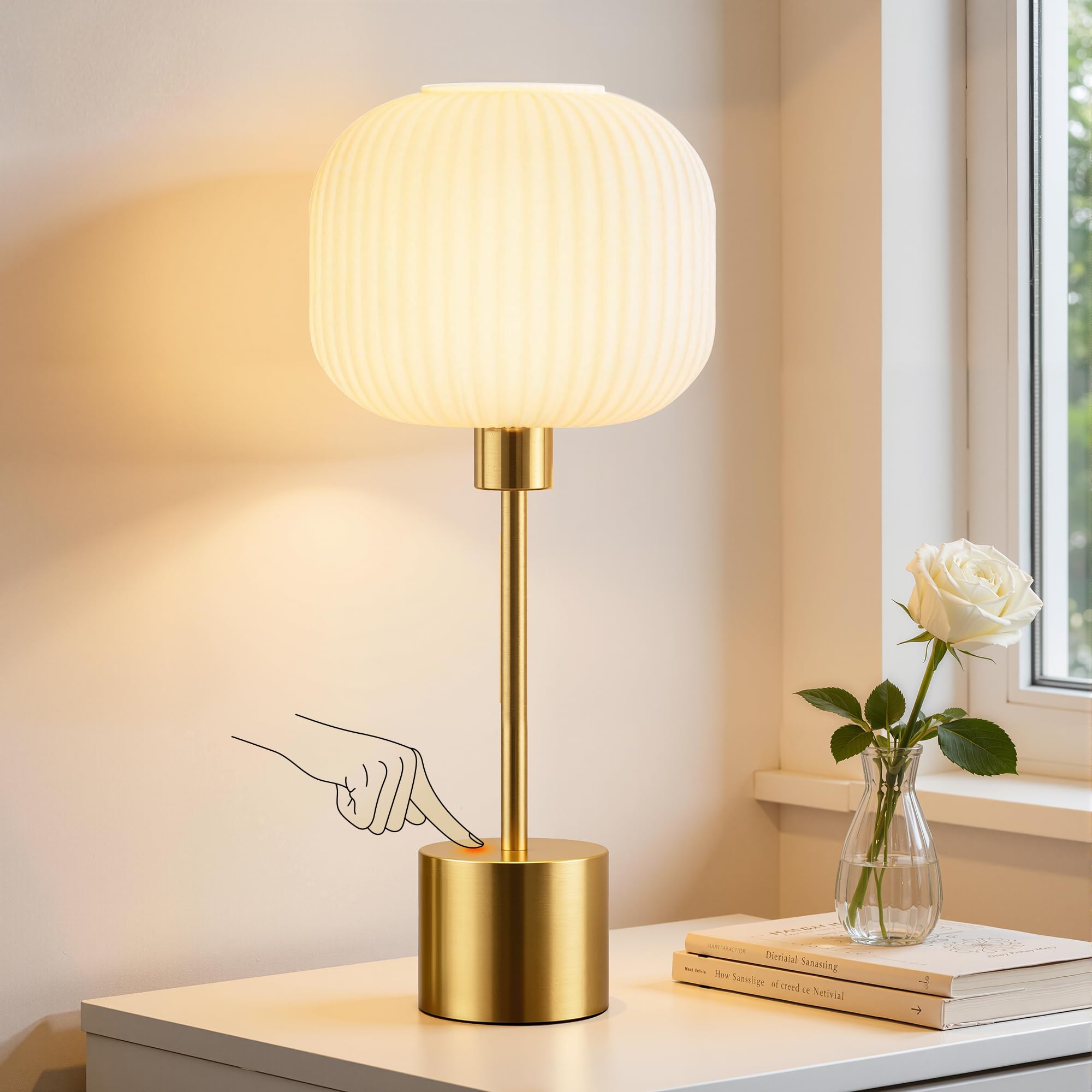 QiMH Glass Table Lamp for Living Room  Modern Bedside Lamp with Gream Ribbed Glass Shade  3-Way Dimmable Touch Control Nightstand Lamp for Bedroom  Brushed Gold (2700K LED Bulb Included)