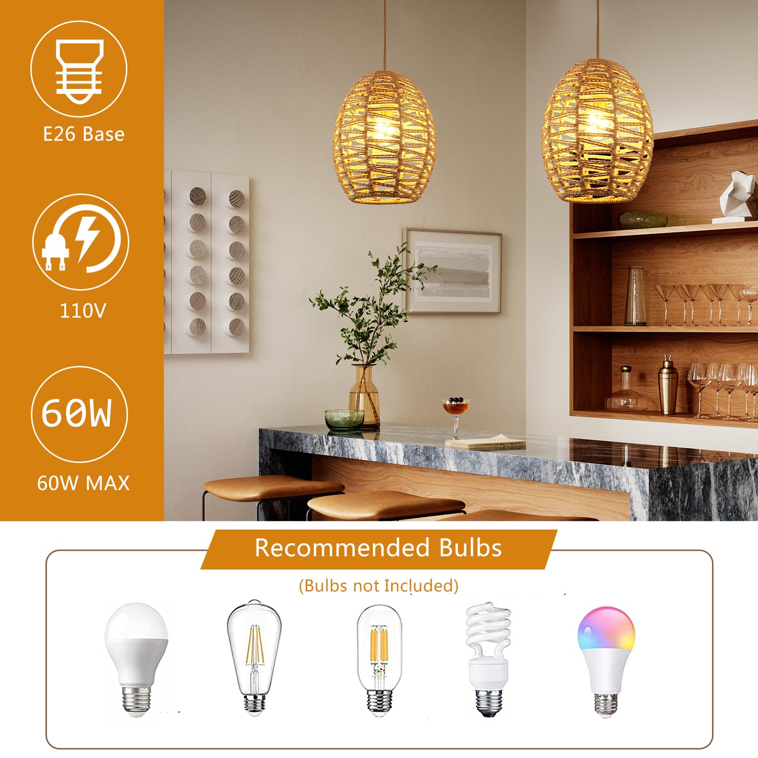 Delipop Pendant Light, Hand-Woven Rattan Chandelier, Boho Hanging Light With Adjustable Cord 4.9Ft For Living Room, Dining Room,