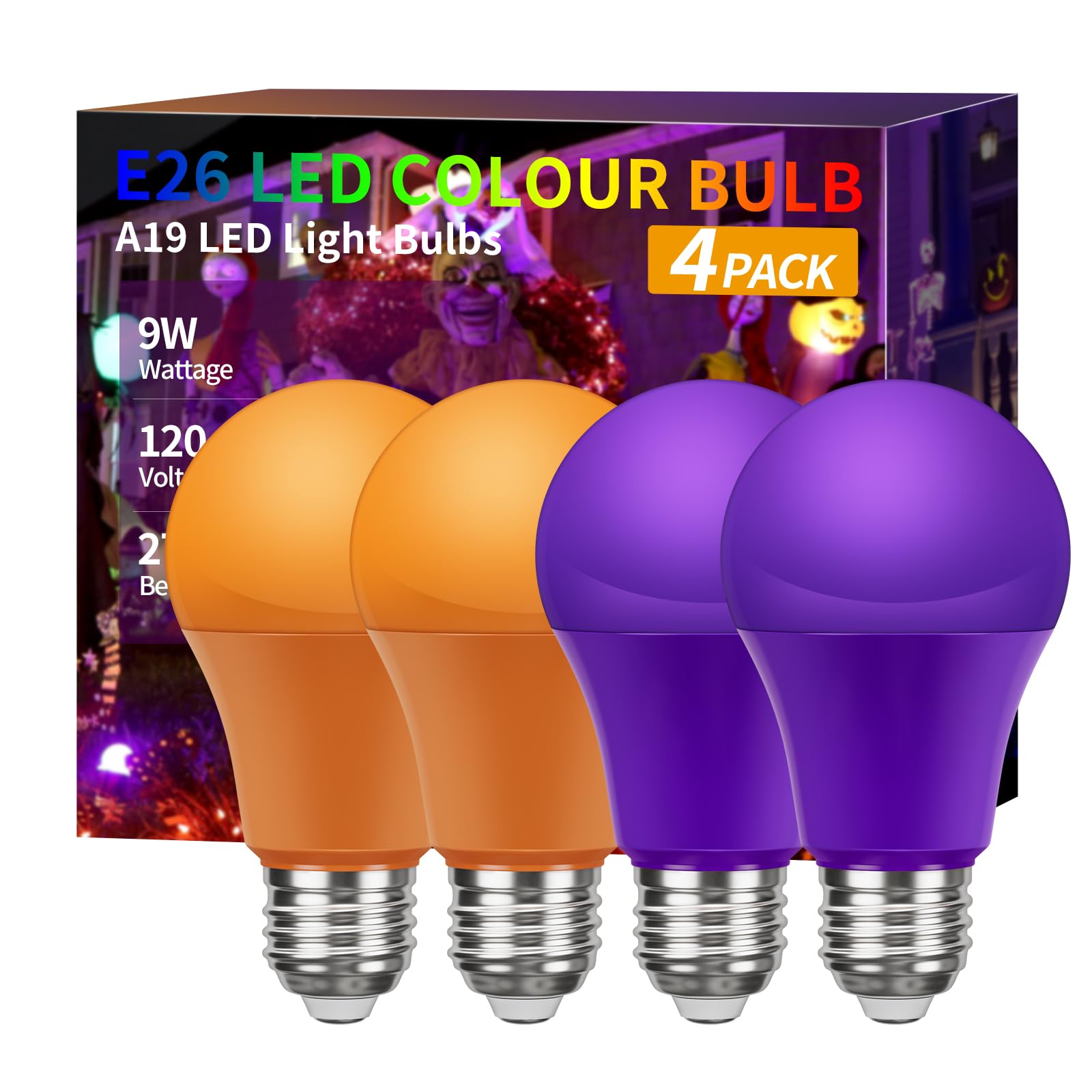 Orange and Purple Light Bulbs Outdoor, Halloween Light Bulbs, A19 LED Orange Light Bulbs 9W (60W Equivalent), E26 base Purple LED Light Bulb for Porch Light Colored Christmas Party Home Decor, 4 Pack