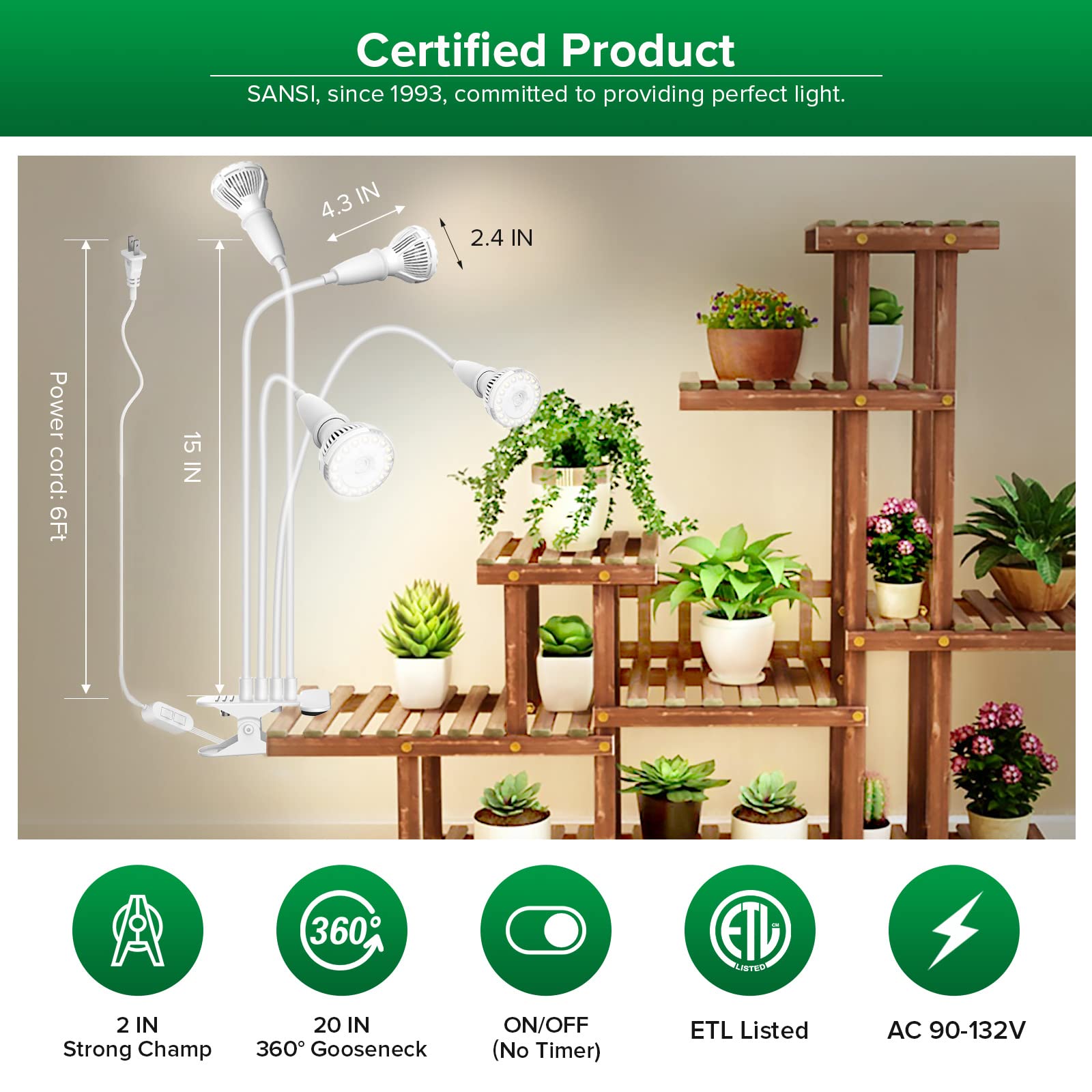 SANSI LED Grow Light, 600W Full Spectrum, Clip-on Gooseneck, Ceramic, 40W Power, White, Model C21GL-GE26-40W