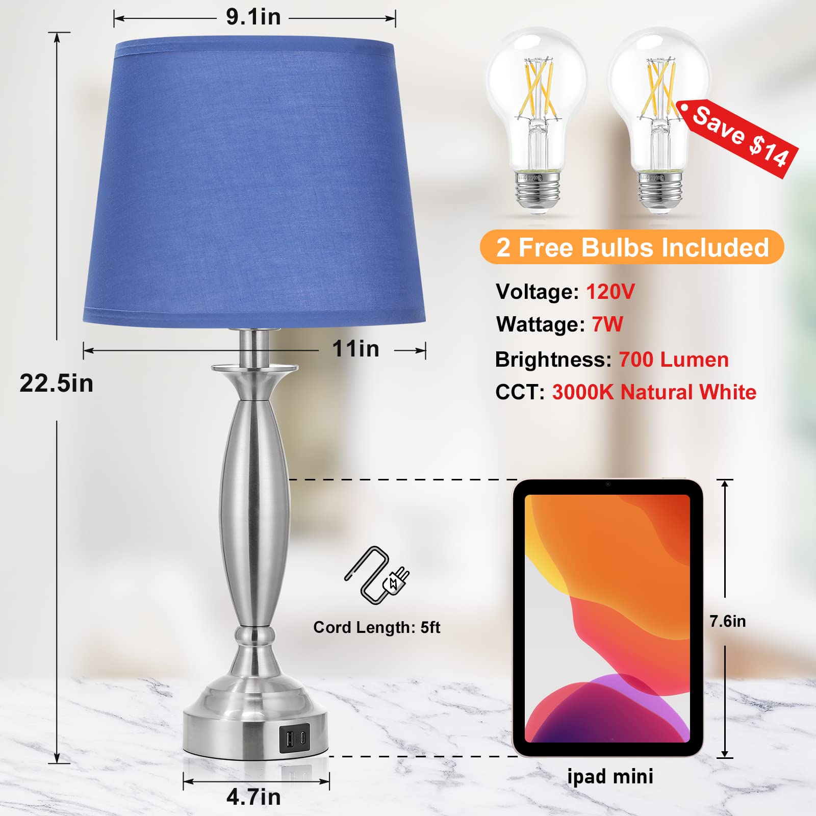 Blue Lamps For Bedrooms Set Of 2 - Touch Control Bedside Lamp With Usb C+A, 3 Way Dimmable Nightstand Lamps With Usb Port, Table