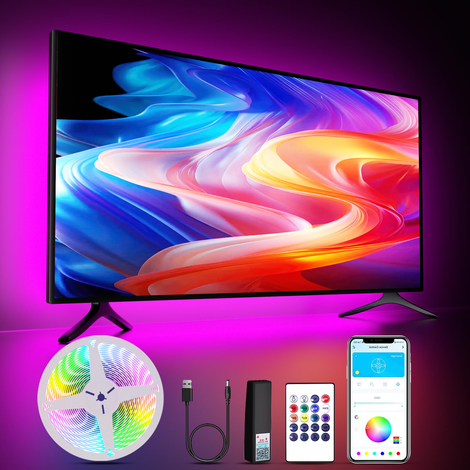 Volivo Led Lights For Tv Led Backlight 15Ft, Bluetooth Led Strip Lights For 65-75 Inch Tv Behind With Remote Control, Usb Rgb Color Changing Music Sync Tv Led Light Diy Home Decor