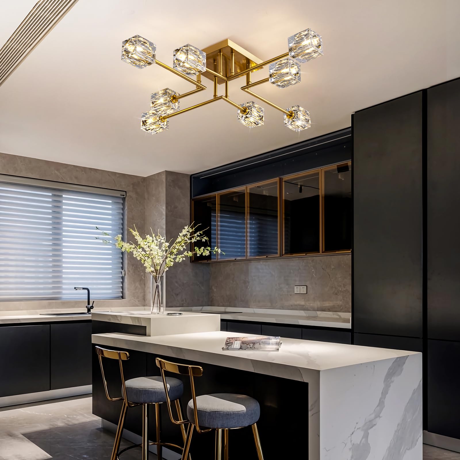 Okes Modern Crystal Semi Flush Mount Ceiling Light - 8-Lights Gold Sputnik Chandelier