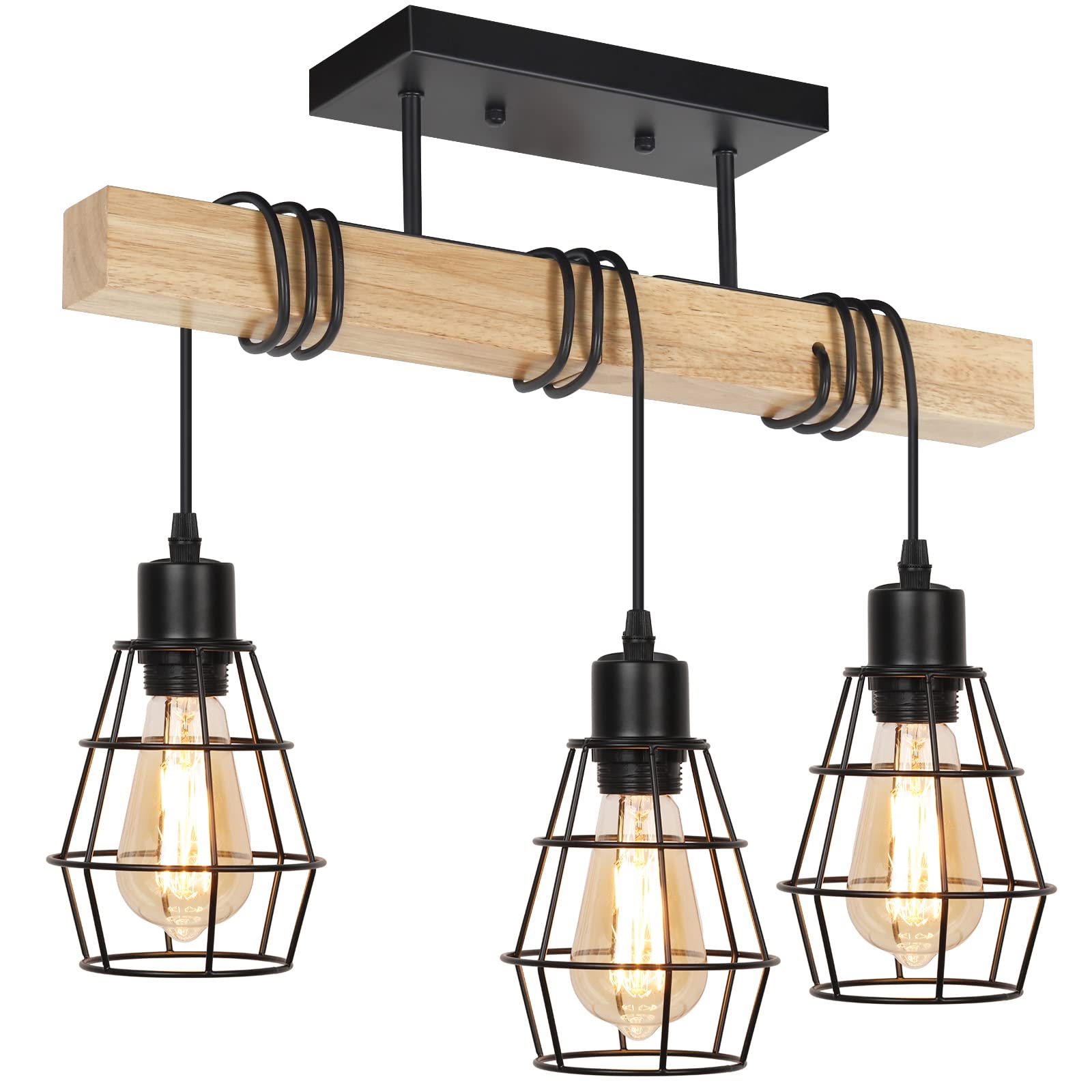 JS NOVA JUNS 3-Light Semi Flush Mount Ceiling Light, Metal Cage, Solid Wood, Black, Model JS118