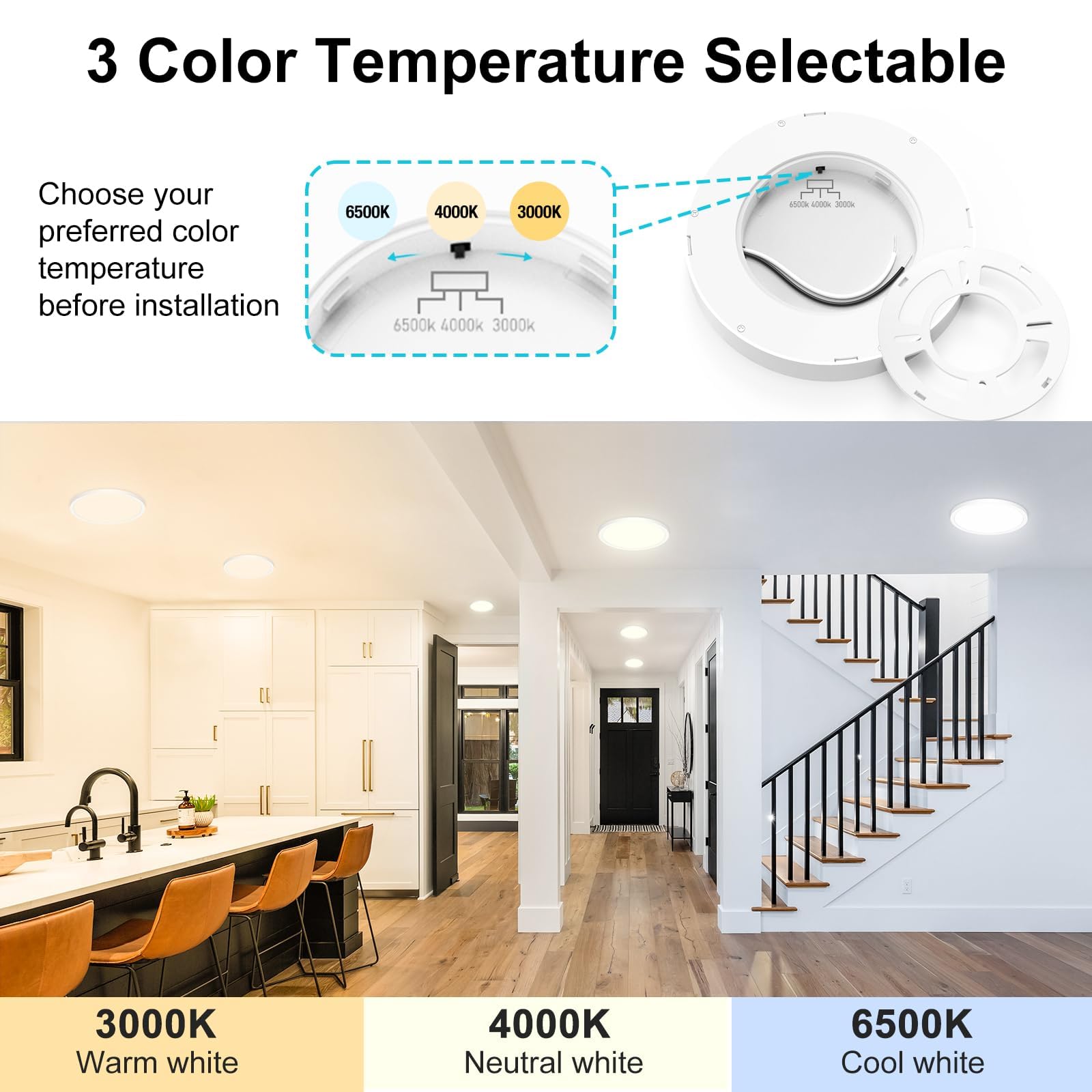 Libtit 7 Inch White Flush Mount Ceiling Light, 15W 1500Lm Ceiling Light Fixture,3000K/4000K/6500K Color Selectable,Ultra-Thin Ro