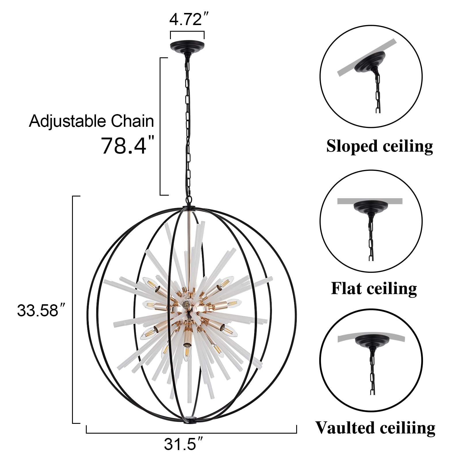 TACDANDM 31.5" Black Gold 16-Light Globe Sputnik Chandelier, Metal, Adjustable Ceiling Pendant Light for Entryway, Dining, Living Room
