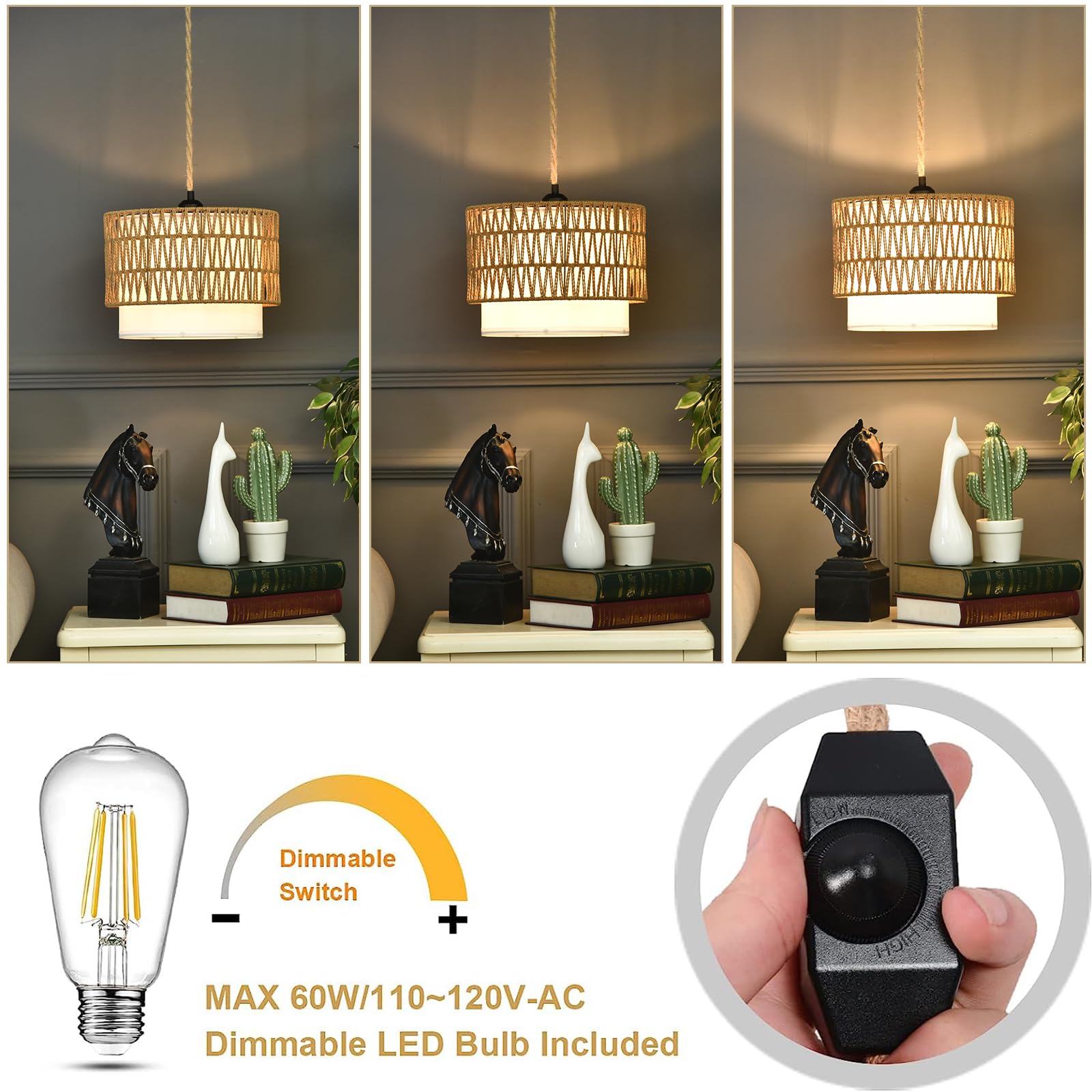 ZECOXOL Boho Pendant Light Rattan Hanging Lamp with Dimmer Switch 12in Two Layers-Shape Wicker Shade for Bedroom Living Room Kitchen Island