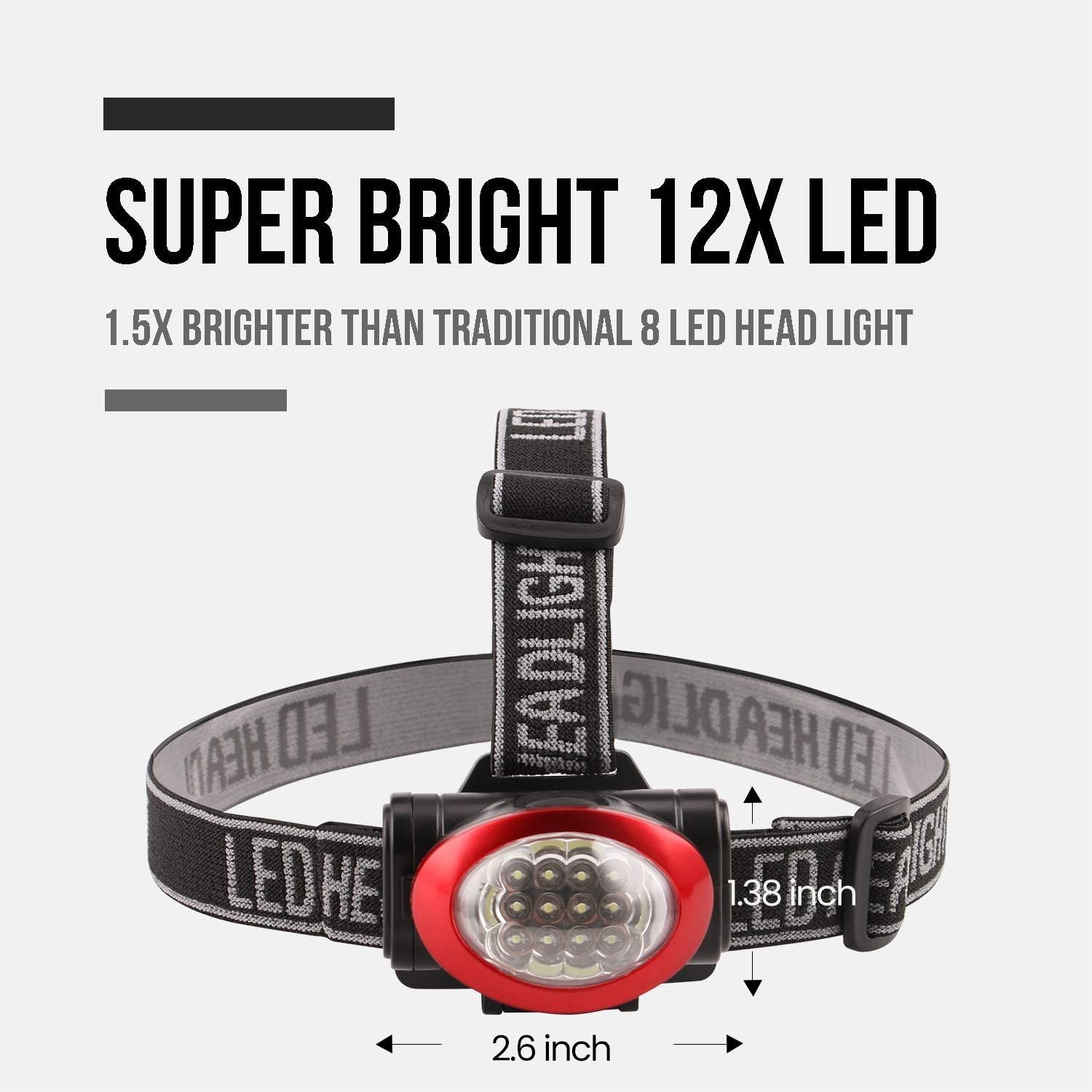 Lichamp Headlamp 10 Pack 12 LED 3 Mode Portable Flashlight Large Polycarbonate Black + Red Color Model 43510-16666