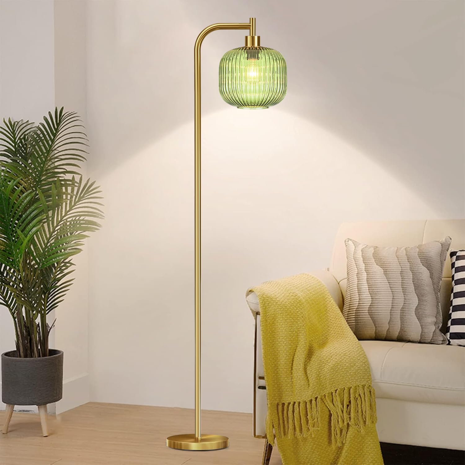 QIYIZM Brass Dimmable Floor Lamp, Gold Glass, Mid Century Modern, Tall, Remote Control, Boho Vintage, 9-inch Size