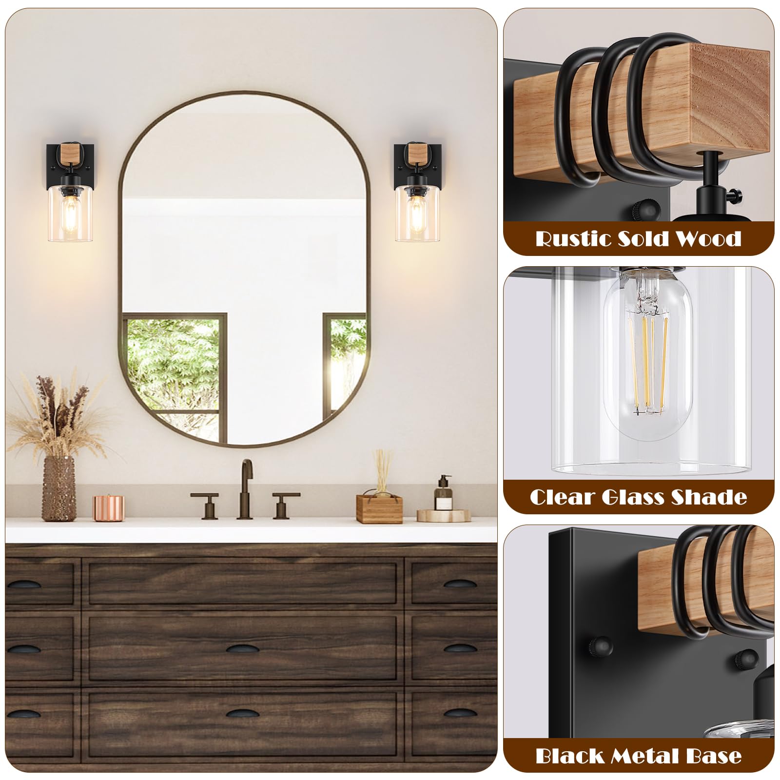 Licperron 1-Light Wall Sconce Set of 2, Matte Black Indoor Lighting with Clear Glass Shades for Bathroom, Bedroom, Kitchen