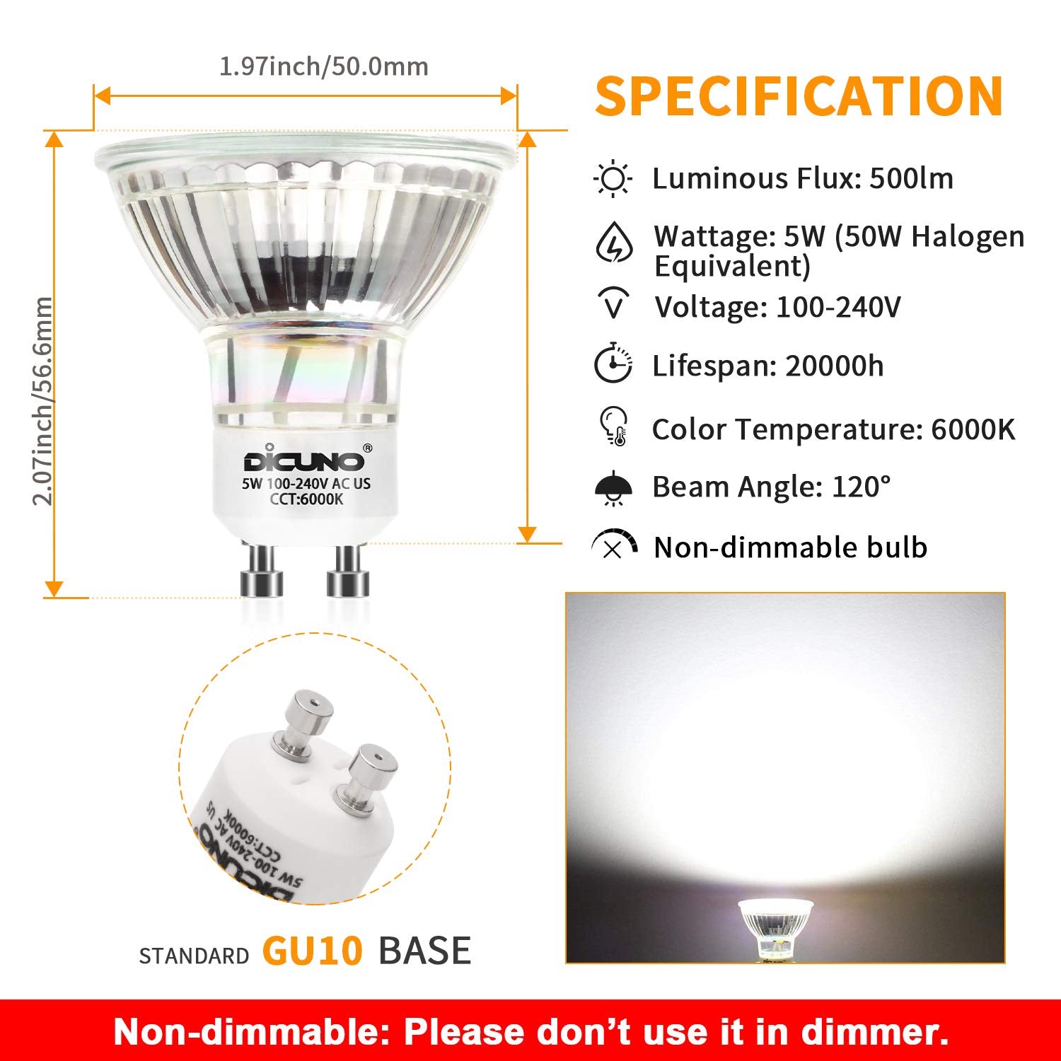 Dicuno Gu10 Led Bulbs 5W Daylight White 6000K, 500Lm, 120° Beam Angle, Non-Dimmable, 6-Pack, Mr16 Equivalent