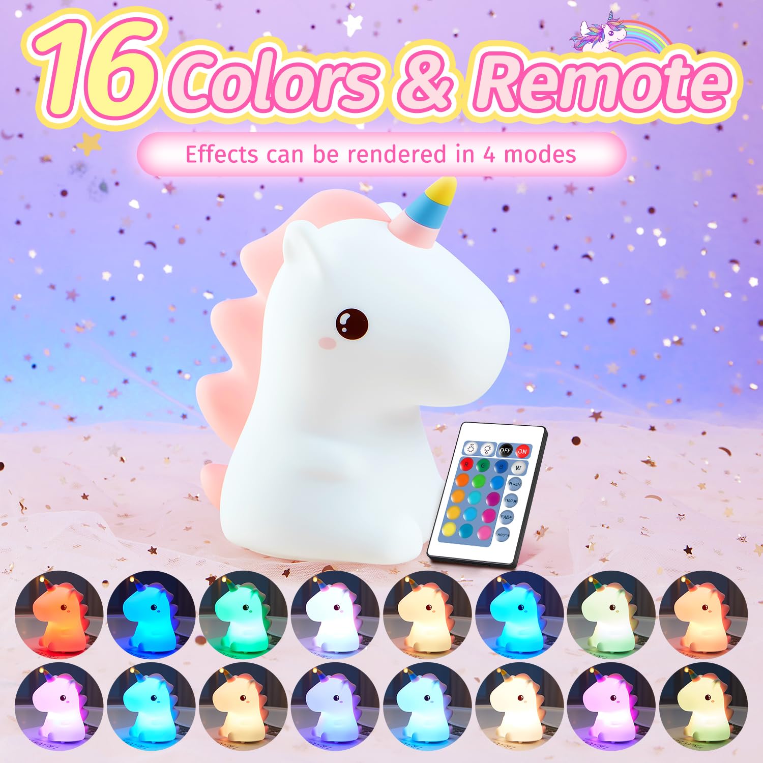 One Fire Unicorn Night Light for Kids, Remote Control, 16 Colors, Silicone, Model WH-a28, Pink