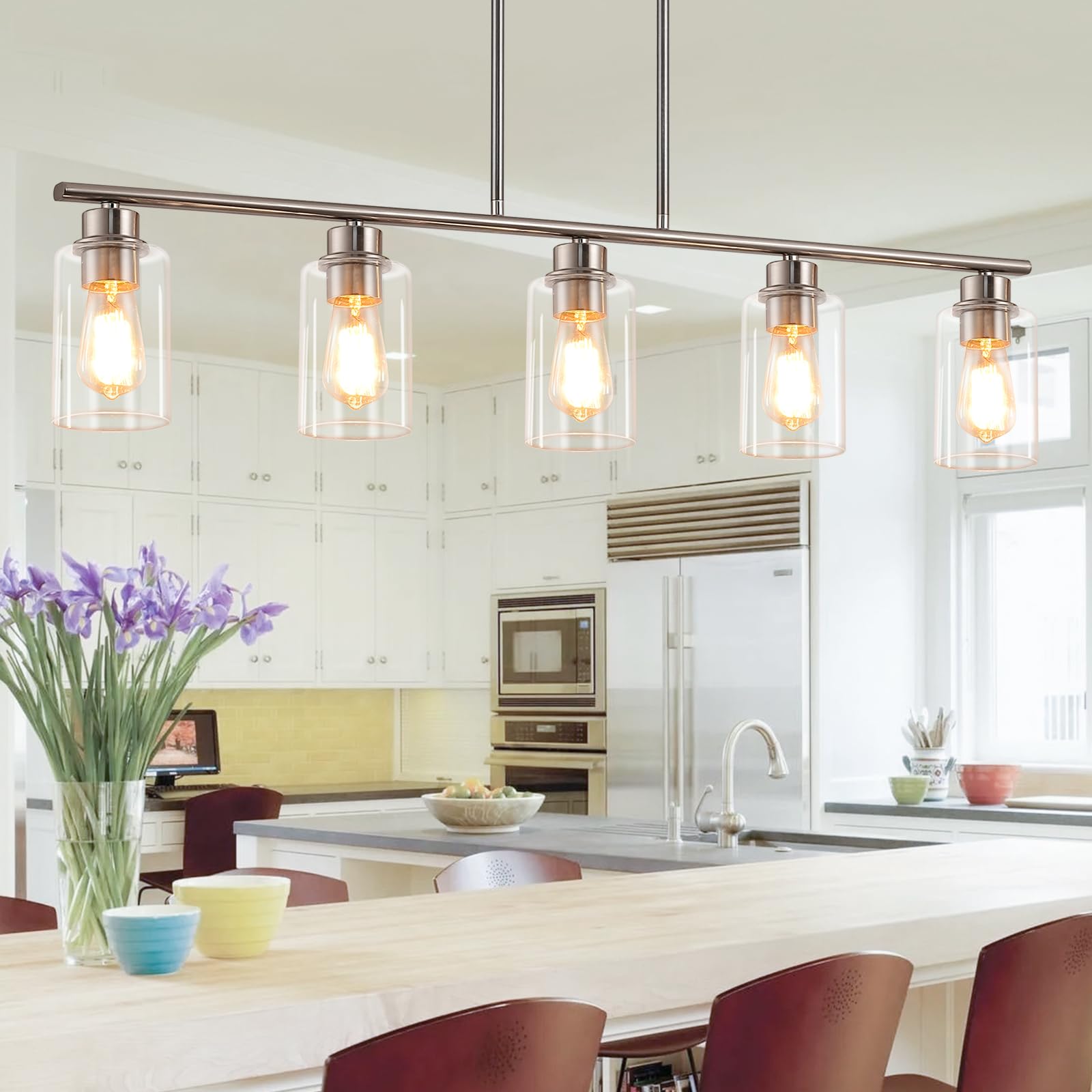 Mavcadonf Kitchen Island Light, 5-Light Pendant Lighting, Farmhouse Dining Room Light Fixtures For Kitchen Island Dining Living Room, Brushed Nickel With Clear Glass Shade