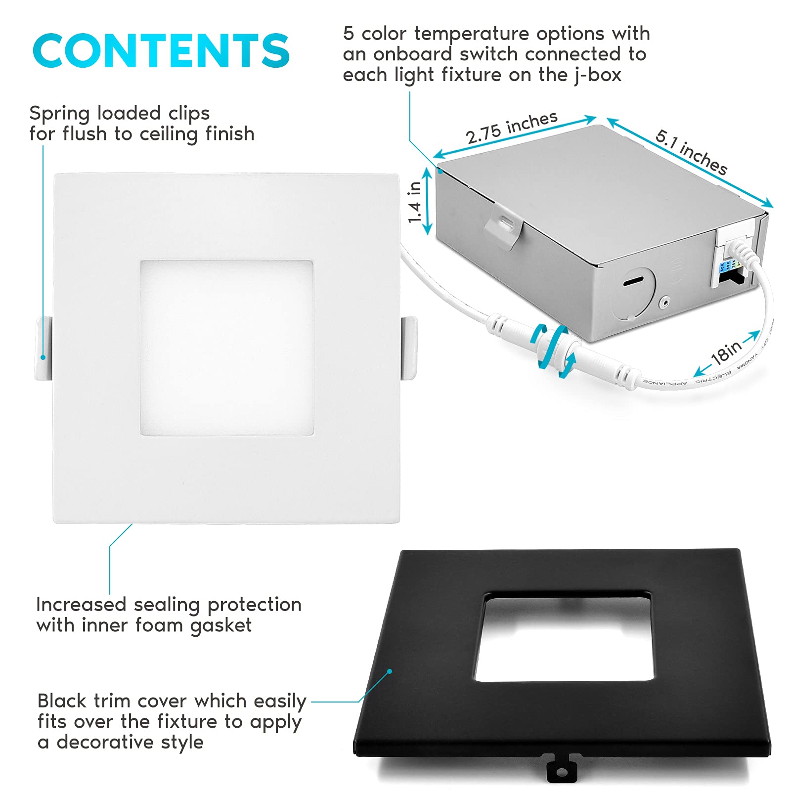 Luxrite 3 Inch Square Ultra Thin Led Recessed Light With J-Box, 8W, 5 Color Options 2700K | 3000K | 3500K | 4000K | 5000K, Dimma