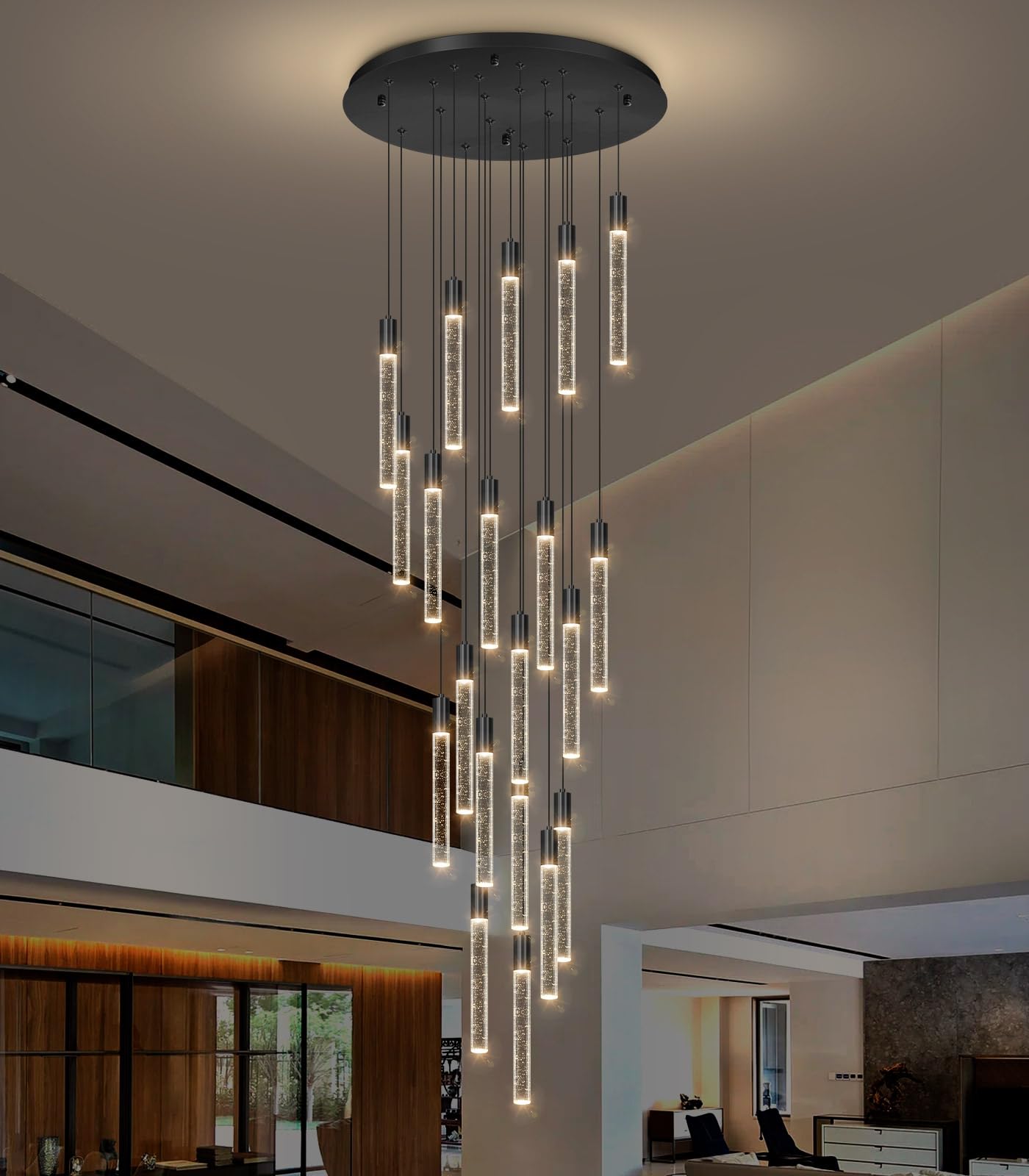 HAIXIANG 13FT High Ceiling Chandelier, Modern Crystal Pendant Light, 20-Lights, Black, Dimmable, Flush Mount for Living Room Foyer, Model MMQ3810