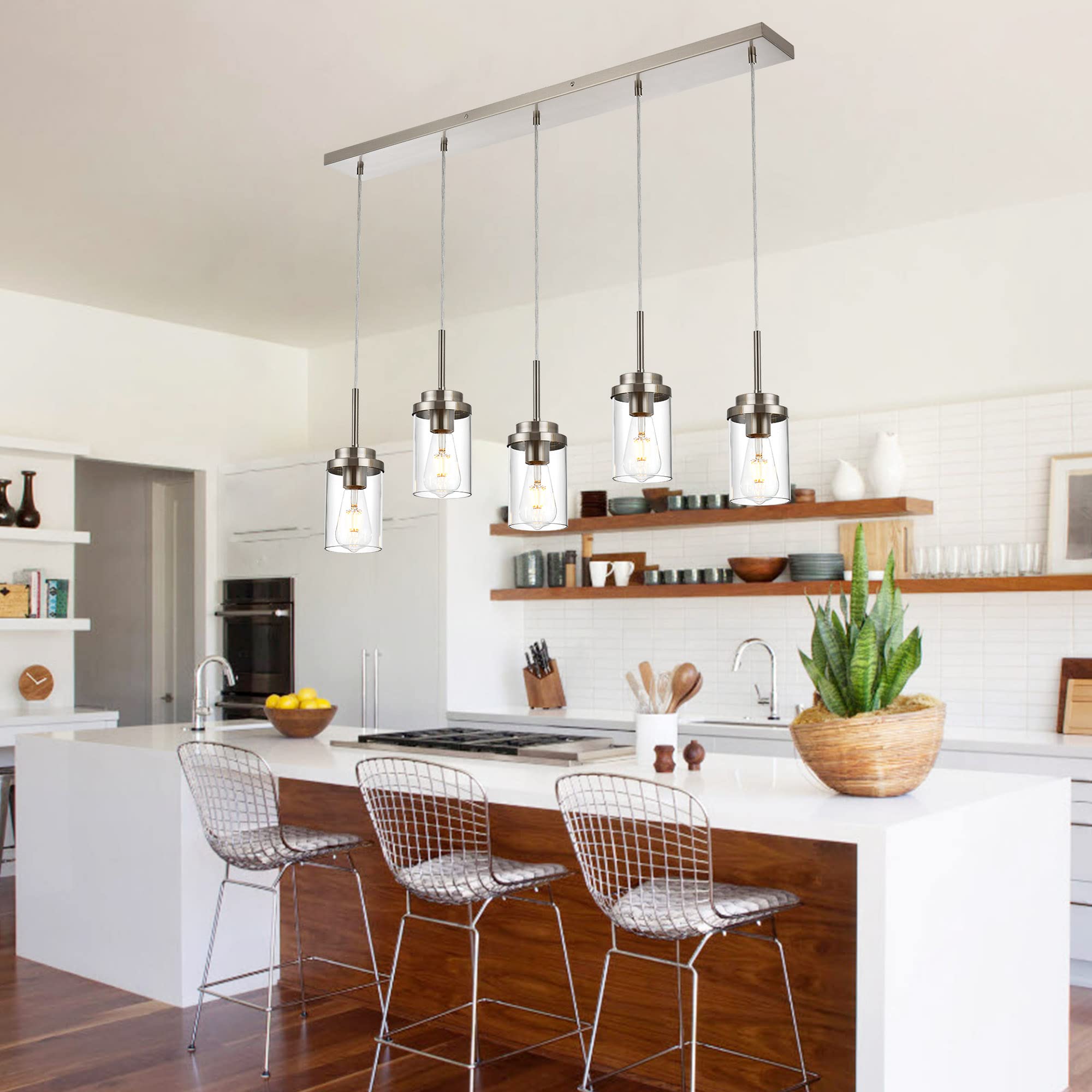 MELUCEE Modern Linear Pendant Light - 5 Lights, Brushed Nickel, Clear Glass Shade, 40.1" for Kitchen Island or Dining Room