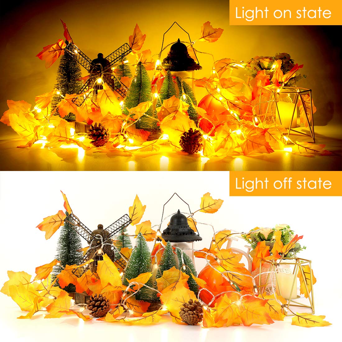 Luditek Lighted Fall Garland 24.6ft 60 LED Thanksgiving String Lights, Yellow/Orange, Model GT035, Artificial Leaves