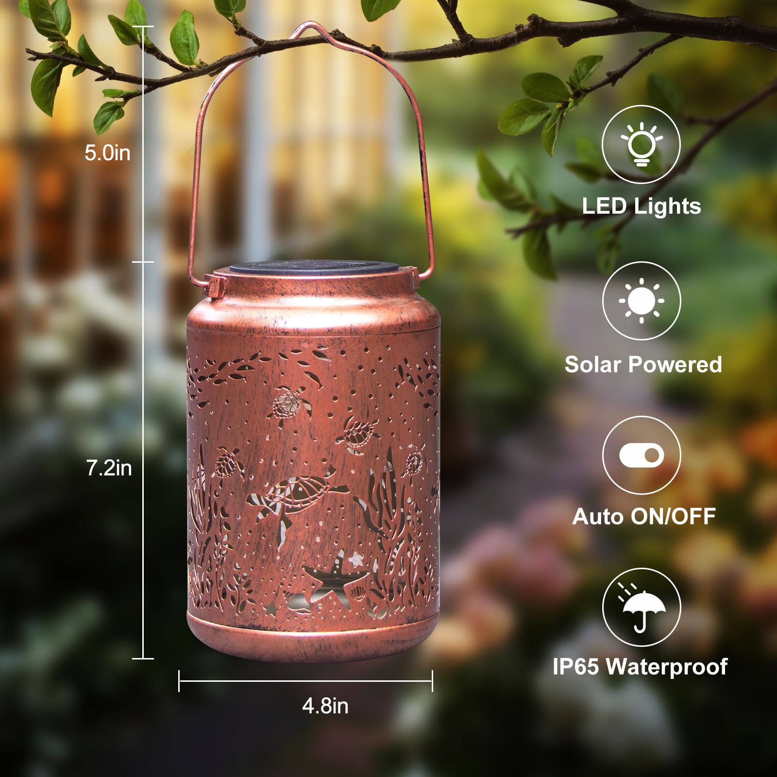 YISITEONE Solar Lantern - Metal Hanging Decor Light for Garden, Waterproof, Brown, Model ES04250300000