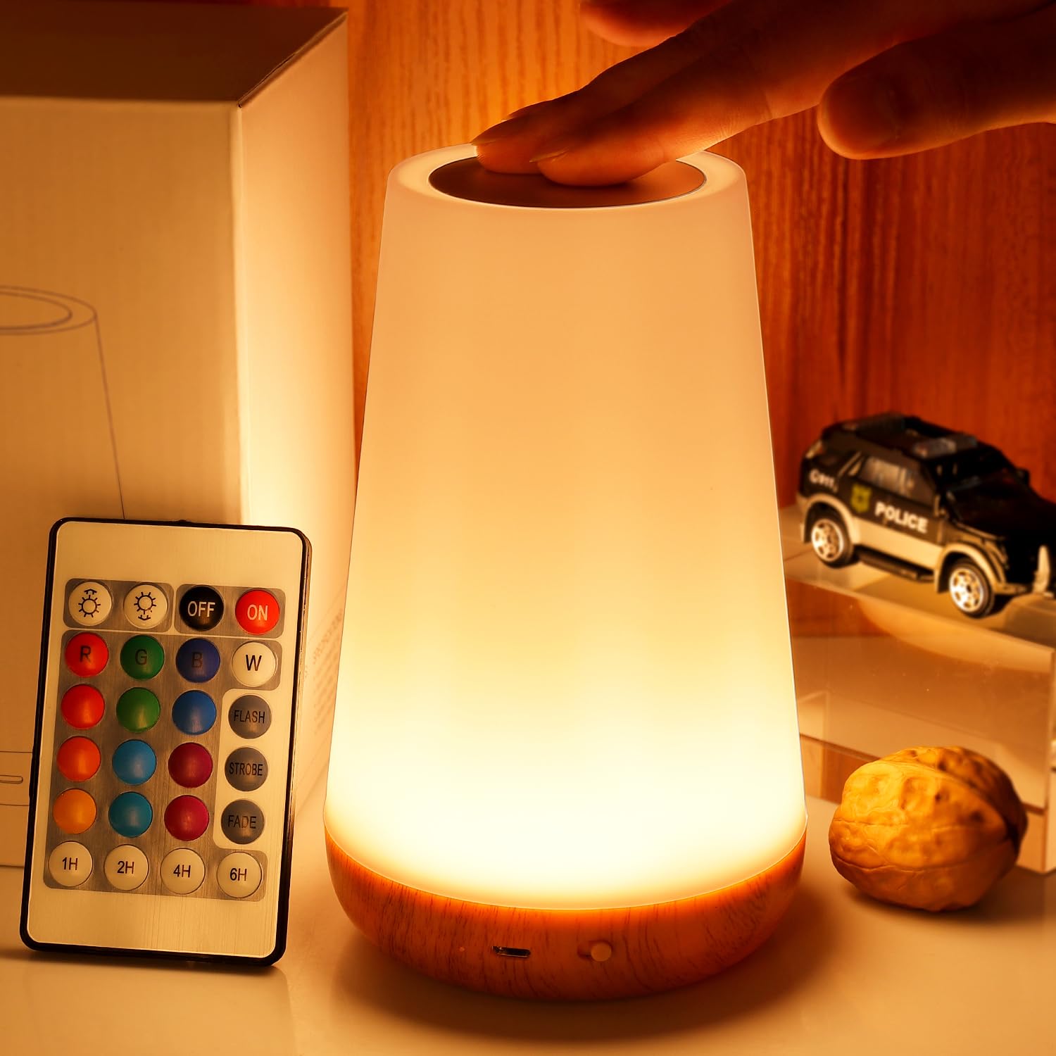 THAUSDAS Dimmable Touch Lamp, Large Glass Night Light with 5 Brightness Levels, 13 RGB Colors, Brown, Model M4