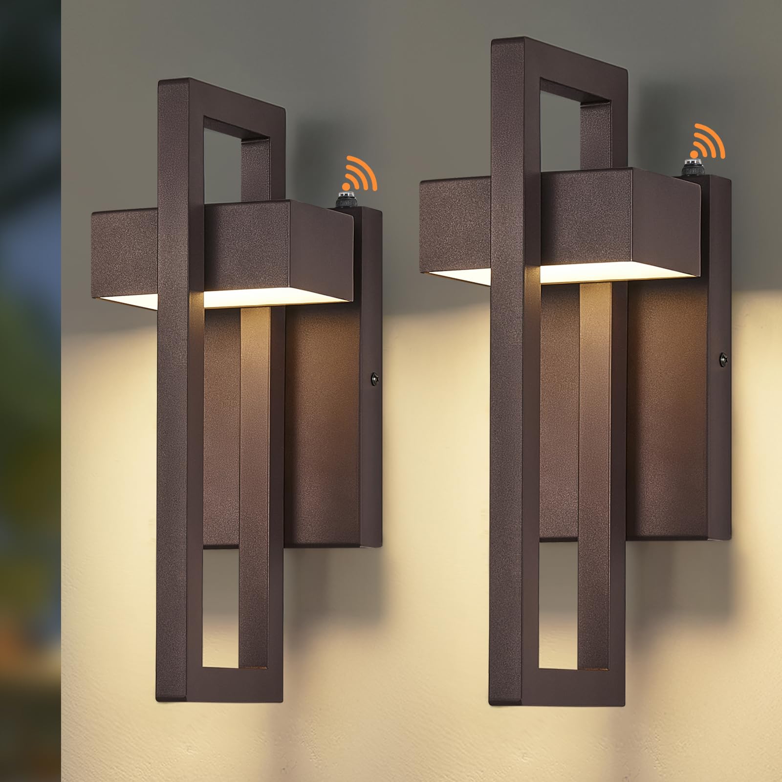 tewei LED Outdoor Wall Sconce, Dusk to Dawn, Metal, Warm White 3000K, Brown, 2 Pack